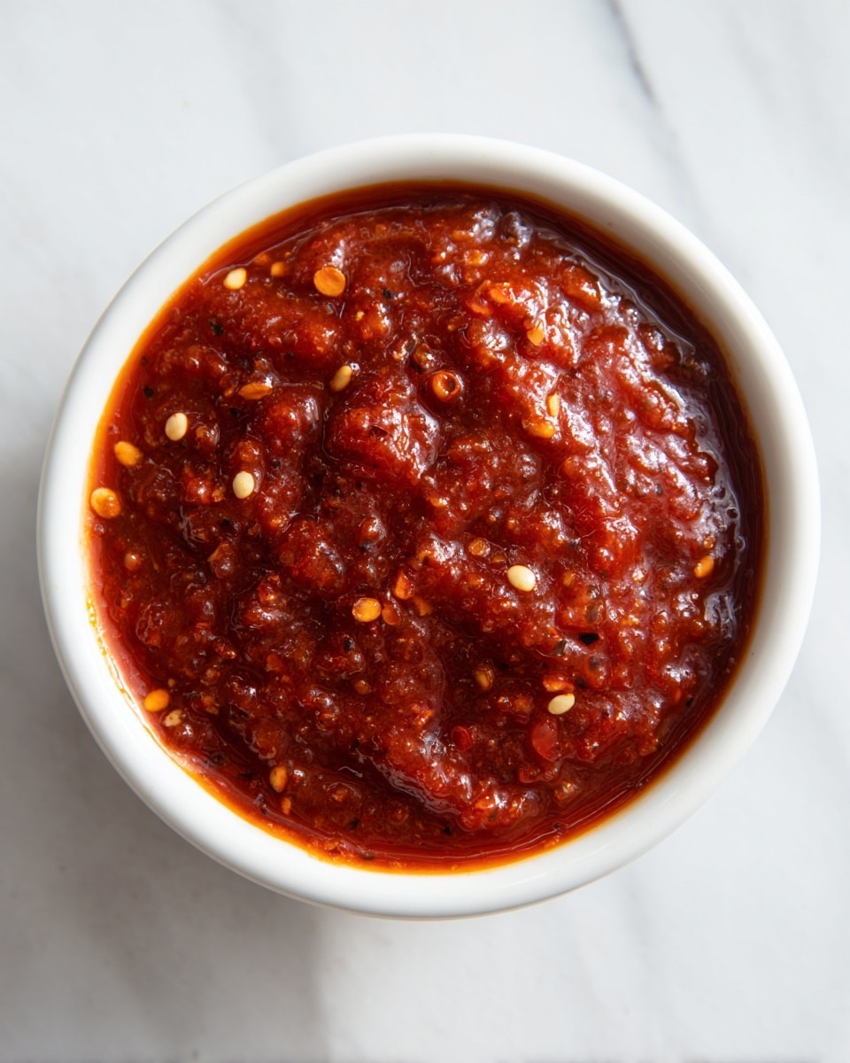 A small, round white bowl filled almost to the top with thick, rich red sauce that has a slightly chunky texture. The sauce appears oily with a glossy sheen, dotted with small bits of crushed red chili and seeds, giving it a spicy appearance. The bowl sits on a white marbled surface, and the photo captures the sauce clearly in natural light. photo taken with an iphone --ar 4:5 --v 7