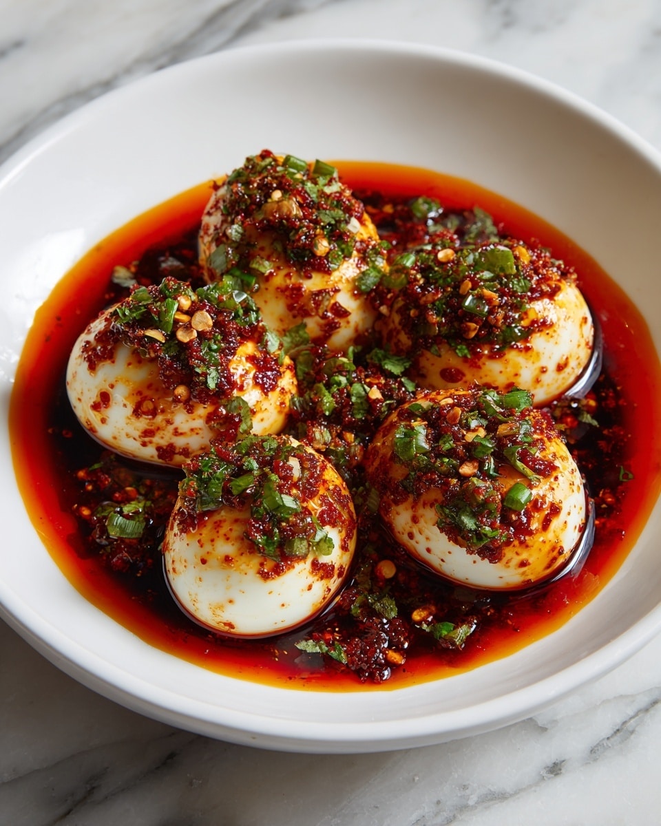 A white bowl filled with six hard boiled eggs all covered in a thick layer of dark red chili oil sauce that pools at the bottom, each egg showing white smooth texture under the sauce with specks of chili flakes and finely chopped green herbs sprinkled evenly on top and around them. The sauce has a glossy, slightly oily texture, making the dish look spicy and rich, set on a white marbled textured surface. photo taken with an iphone --ar 4:5 --v 7