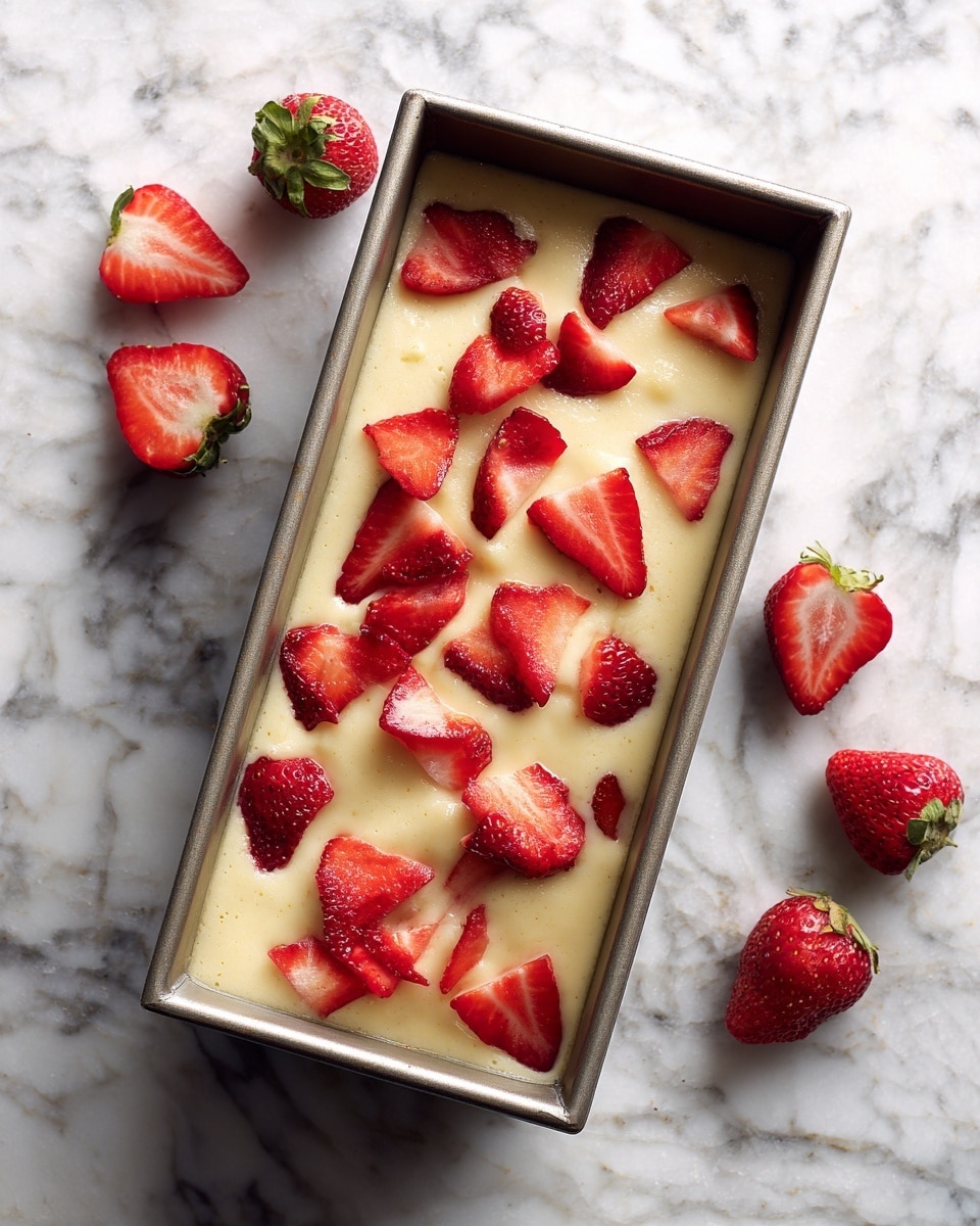 The image shows a metal loaf pan filled with pale yellow batter that looks smooth and slightly thick. On the top layer, bright red strawberry slices are spread unevenly, some partially submerged in the batter, adding a fresh and juicy texture. The loaf pan sits on a white marbled surface, giving the scene a clean and simple look. Photo taken with an iphone --ar 4:5 --v 7