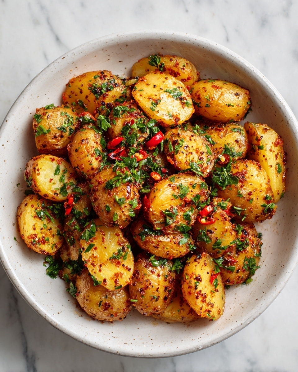 A bowl filled with about three layers of roasted baby potatoes cut into halves and quarters, each piece showing a golden yellow color with crispy, brown edges from roasting; scattered throughout are bright green chopped herbs giving a fresh look, and small pieces of dried red chili adding spots of deep red color; the bowl is white with a subtle rustic texture, and the dish sits on a white marbled surface; photo taken with an iphone --ar 4:5 --v 7
