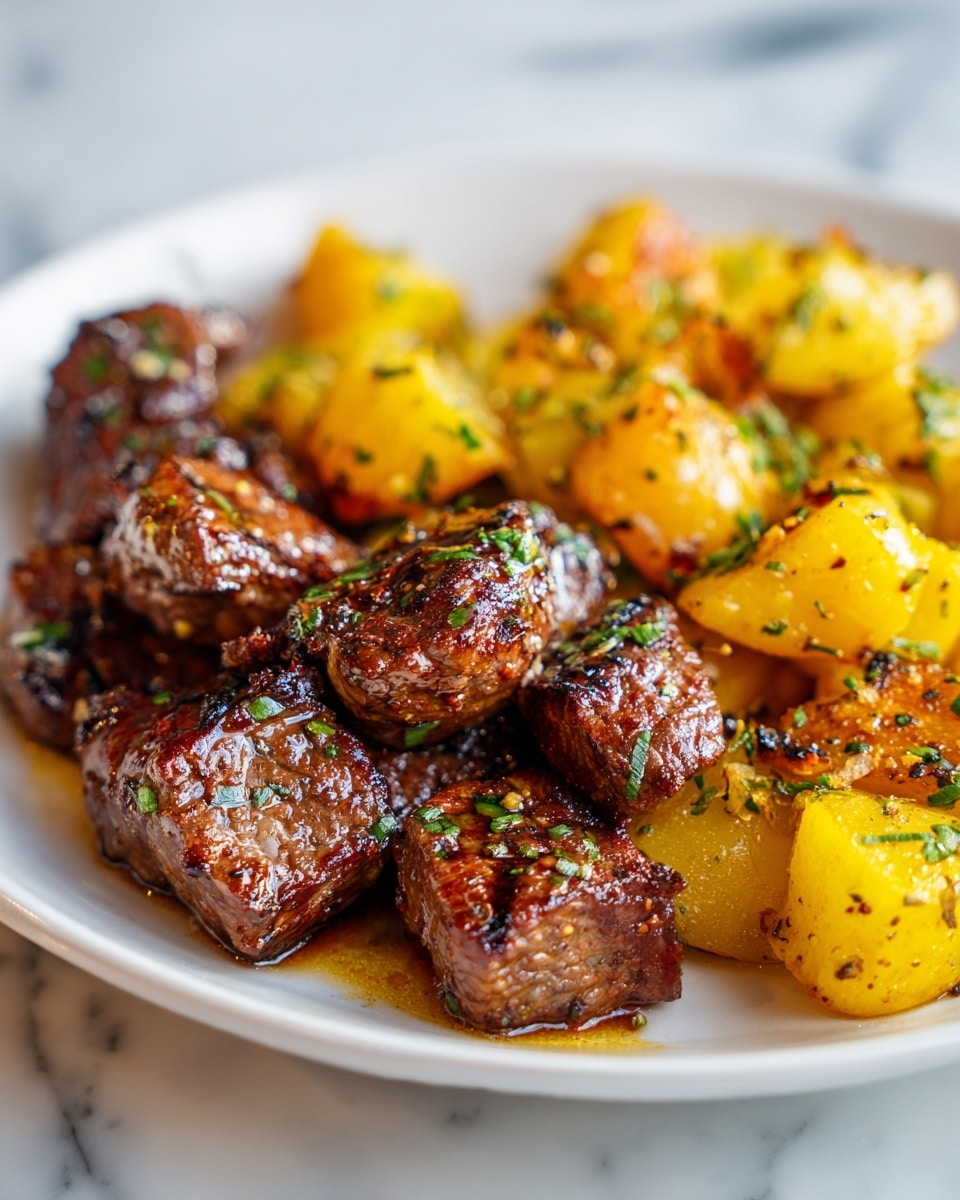 The image shows a close-up of grilled meat pieces that are dark brown with a charred texture, arranged closely together with golden yellow grilled pineapple chunks. The meat looks juicy with a shiny glaze and small bits of herbs sprinkled on top. The pineapple has a soft texture with some caramelized edges. The dish is on a white surface with a white marbled background. A woman's hand is holding one piece at the side. Photo taken with an iphone --ar 4:5 --v 7