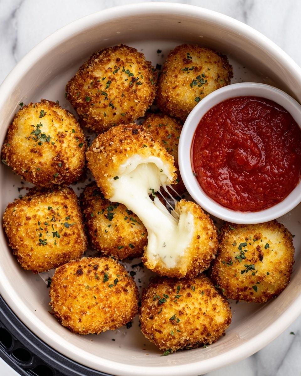 The image shows a black air fryer basket filled with eight golden brown, crispy breaded mozzarella sticks. One mozzarella stick is broken open in the center, revealing gooey, melted white cheese stretching inside. A small white bowl with red marinara sauce sits in the corner of the basket. The mozzarella sticks have a crunchy texture with some green herbs sprinkled on top. The surface under the air fryer basket has a white marbled texture. photo taken with an iphone --ar 4:5 --v 7