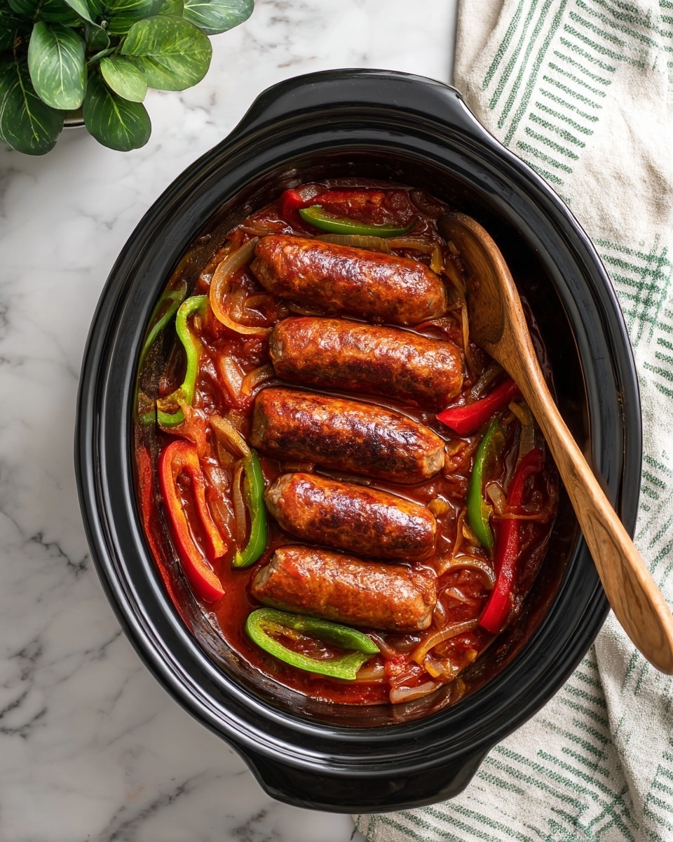A black oval slow cooker filled with seven browned sausages resting in a thick, rich reddish-brown sauce. Among the sausages are several curved slices of green and orange bell peppers, along with translucent cooked onion pieces, all partially submerged in the glossy sauce. A wooden spoon with a smooth handle stands upright, partially in the sauce on the right side. The slow cooker is placed on a white marbled surface next to a folded striped cloth napkin and a green leafy plant in a basket at the top left corner. Photo taken with an iphone --ar 4:5 --v 7