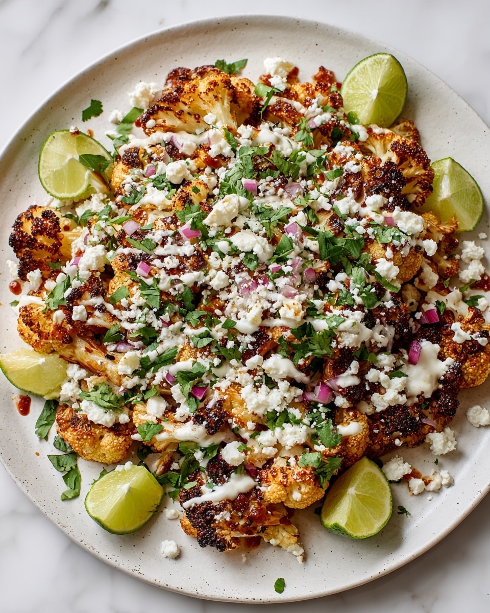 A white plate holds roasted cauliflower pieces with a golden-brown crisp on the edges, arranged in a loose pile. The top layer has a drizzle of creamy white sauce and crumbled white cheese sprinkled evenly. Small pieces of green cilantro and finely chopped red onion bits are scattered across the cauliflower. Four lime wedges, bright green with white inner flesh, are placed around the edges of the plate. The plate sits on a white marbled surface. photo taken with an iphone --ar 4:5 --v 7