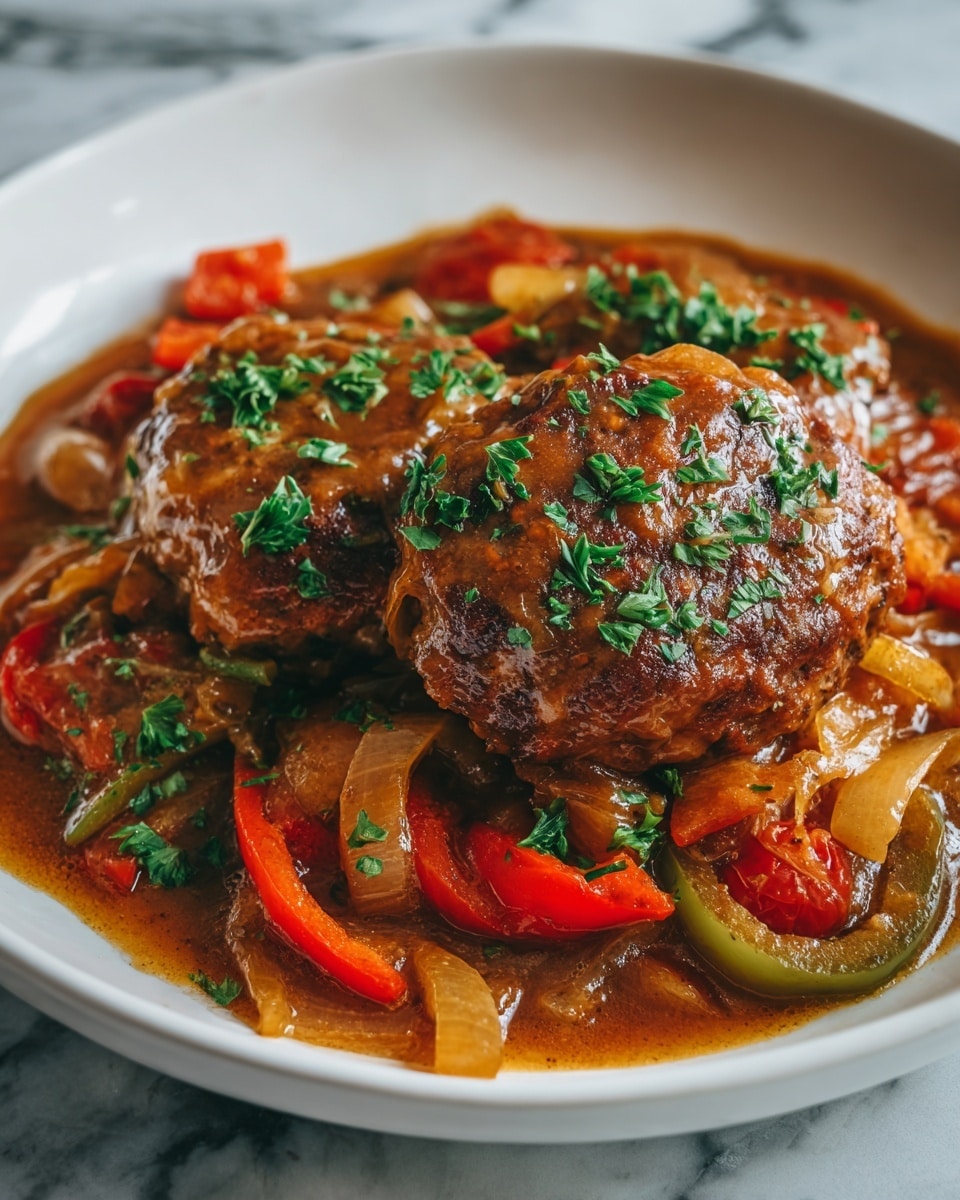 The image shows a white plate with two thick brown meat patties on it, covered by a sauce made of chunky, cooked vegetables including green and red bell peppers and translucent onions. The sauce is reddish-brown and looks rich and thick. On top of the patties and scattered around the plate are small chopped green herbs adding brightness. The plate is placed on a white marbled surface. photo taken with an iphone --ar 4:5 --v 7