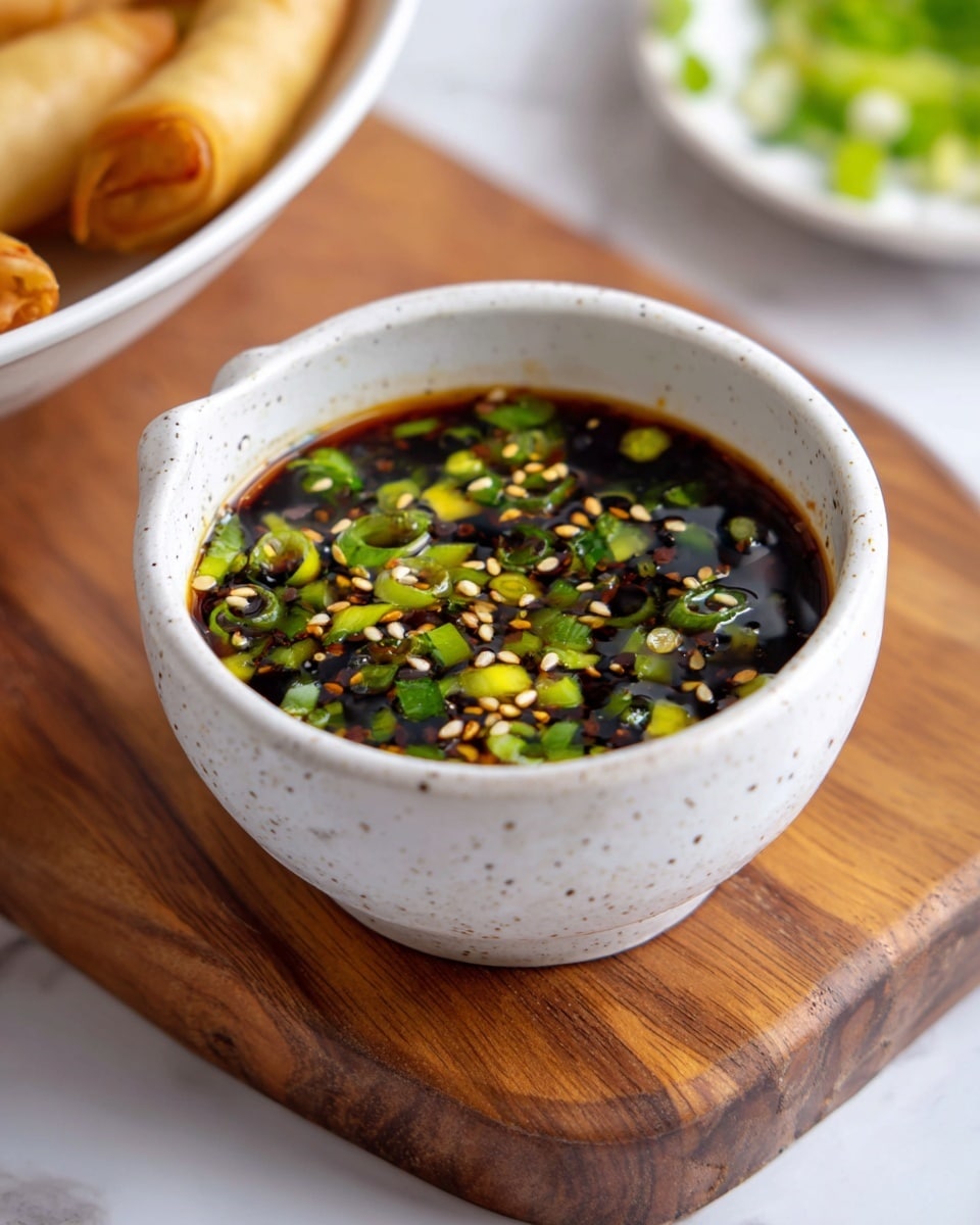 A small white speckled bowl filled with dark soy sauce sits on a wooden board, topped with bright green chopped scallions and a sprinkle of light brown sesame seeds floating on the glossy surface. The background features scattered chopped scallions on a white marbled surface, with a blurred plate of golden-brown spring rolls and fresh green scallions in the distance. The lighting highlights the shiny texture of the sauce and the fresh look of the scallions. photo taken with an iphone --ar 4:5 --v 7