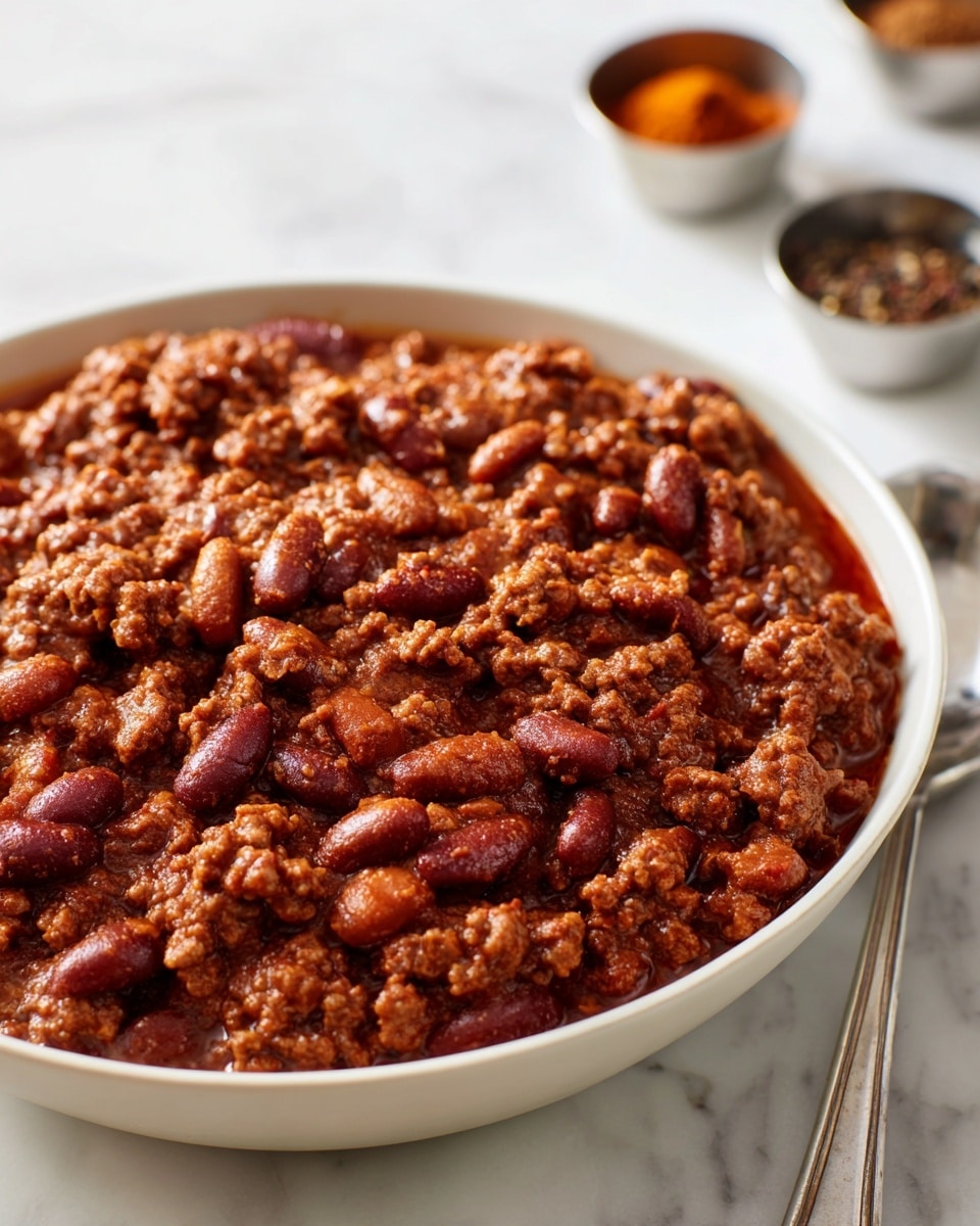 A close-up of a bowl filled with thick chili showing two main layers: the base layer is chunky cooked ground meat with a rich dark brown sauce, mixed evenly with a second layer of orange-brown beans scattered throughout, and small bits of red pepper flakes adding color contrast. The bowl is white, round, and matte textured, sitting on a white marbled surface with two blurred spoons in the background holding brown spices. The overall look is warm and hearty. photo taken with an iphone --ar 4:5 --v 7