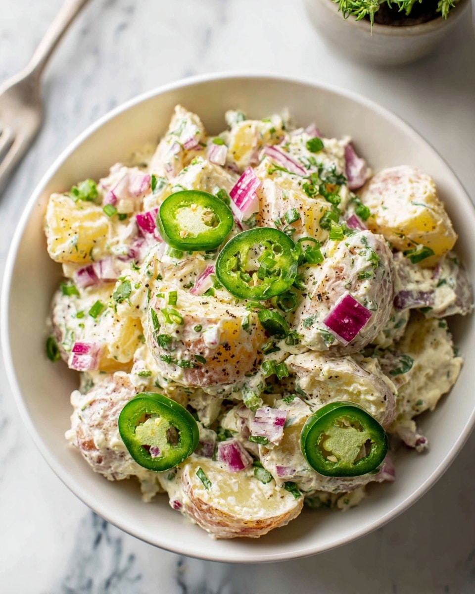 A white bowl filled with chopped red-skinned potatoes coated in a creamy white dressing, showing visible small bits of red onion, herbs, and seasonings mixed throughout. On top, there are several slices of fresh green jalapeno peppers and finely chopped green herbs scattered, adding a pop of green color. The bowl sits on a white marbled surface with a soft background blur. The photo taken with an iphone --ar 4:5 --v 7