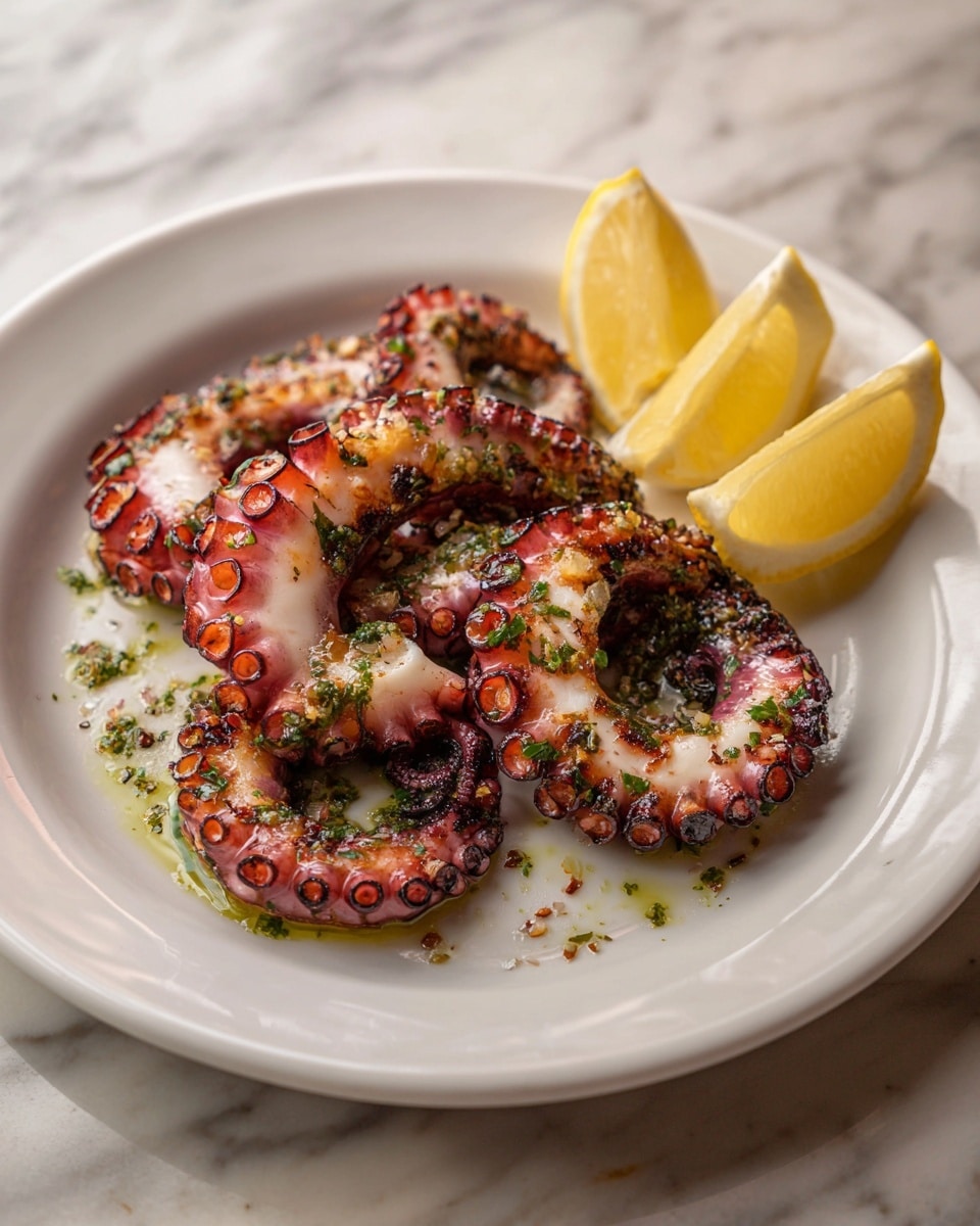 The dish shows several thick, curled grilled octopus tentacle slices, with a pinkish flesh color and dark char marks all over, arranged in a small pile on a white plate. Green herb sauce and olive oil drizzle cover parts of the octopus, adding a glossy texture and fresh color contrasts. Two lemon wedges, pale yellow with visible pulp and shiny surfaces, sit on the side of the octopus. The plate is placed on a white marbled surface. photo taken with an iphone --ar 4:5 --v 7