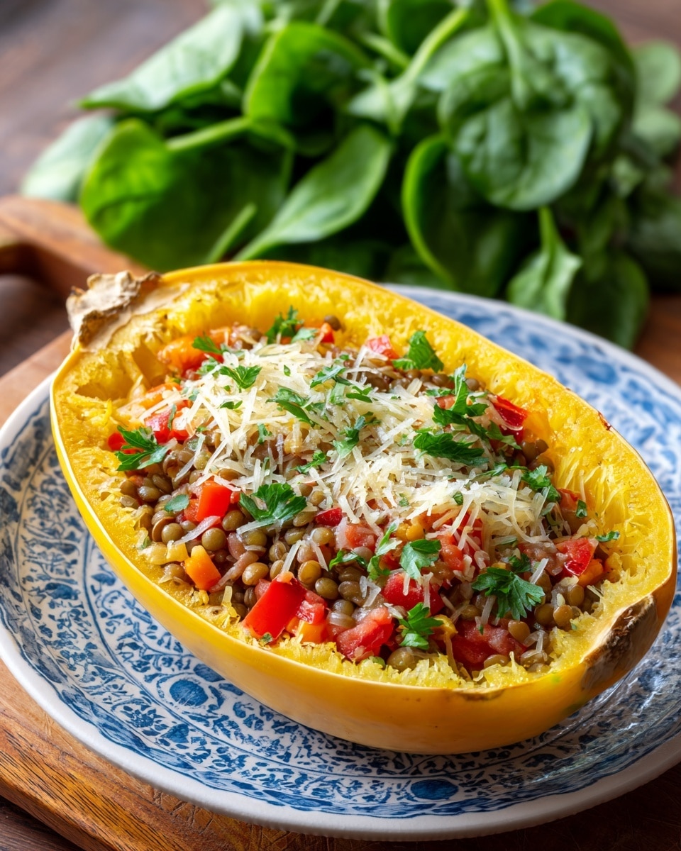 A white plate holds a halved spaghetti squash filled with a mixture of cooked lentils, diced red tomatoes, and small bits of yellow squash strands, all topped with a generous layer of grated white cheese and sprinkled green parsley leaves. The inside flesh of the spaghetti squash is bright orange with a slightly soft texture. To the left of the plate, there is a pile of fresh green spinach leaves. The whole scene is set on a white marbled surface, creating a fresh and warm look. photo taken with an iphone --ar 4:5 --v 7