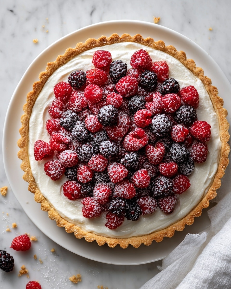 A tart with three visible layers sits on a white plate over a white marbled texture. The bottom layer is a golden-brown crust with a fluted edge, crisp and firm. On top is a thick, creamy white filling that looks smooth and soft, spread evenly inside the crust. The top layer is made of fresh raspberries and a few darker berries, densely packed, shining with a light glaze, and dusted with a fine white powder that resembles powdered sugar. Some crumbs are scattered on the plate, and a white cloth is partially visible in the background. Photo taken with an iphone --ar 4:5 --v 7