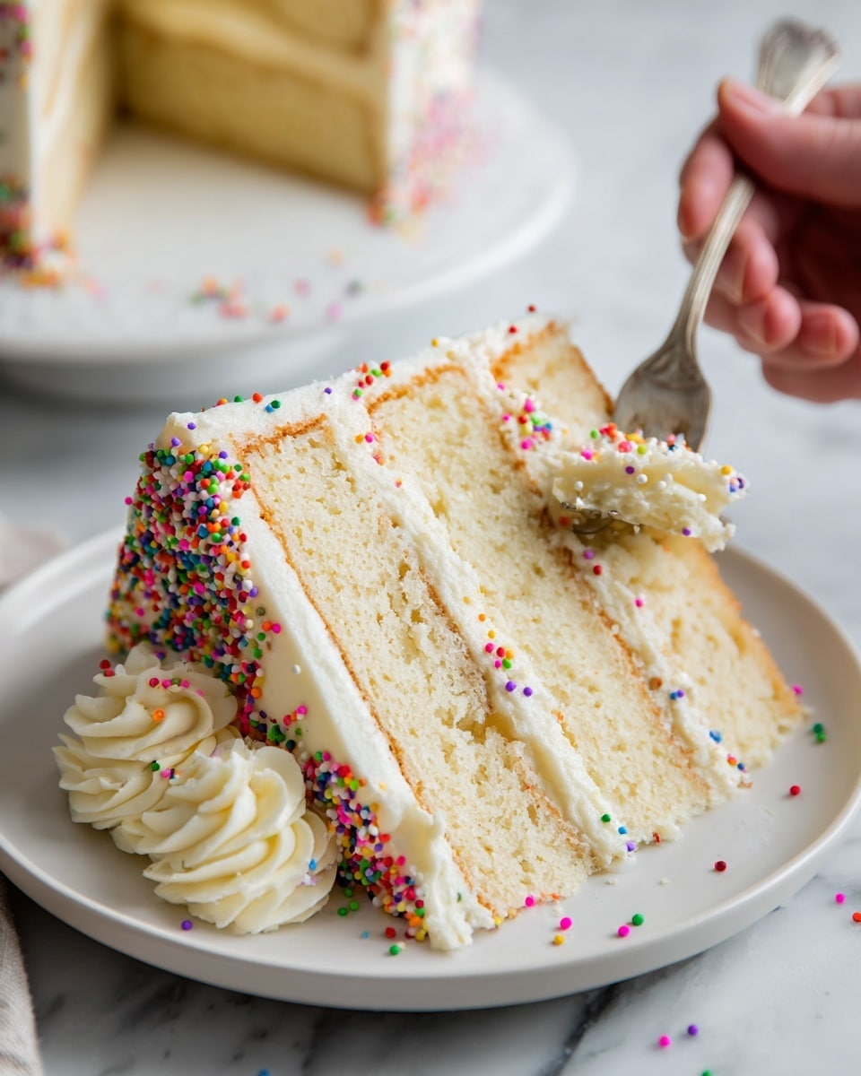 The image shows a slice of light yellow layered cake with three visible layers separated by creamy white frosting. The outer frosting is smooth and creamy, topped with a swirl of light brown frosting decorated with colorful round sprinkles. The slice sits on a white plate, placed on a white marbled surface, and part of the cake is slightly crumbled near the base. A woman's hand is holding a fork near the bottom right edge of the plate. Photo taken with an iphone --ar 4:5 --v 7