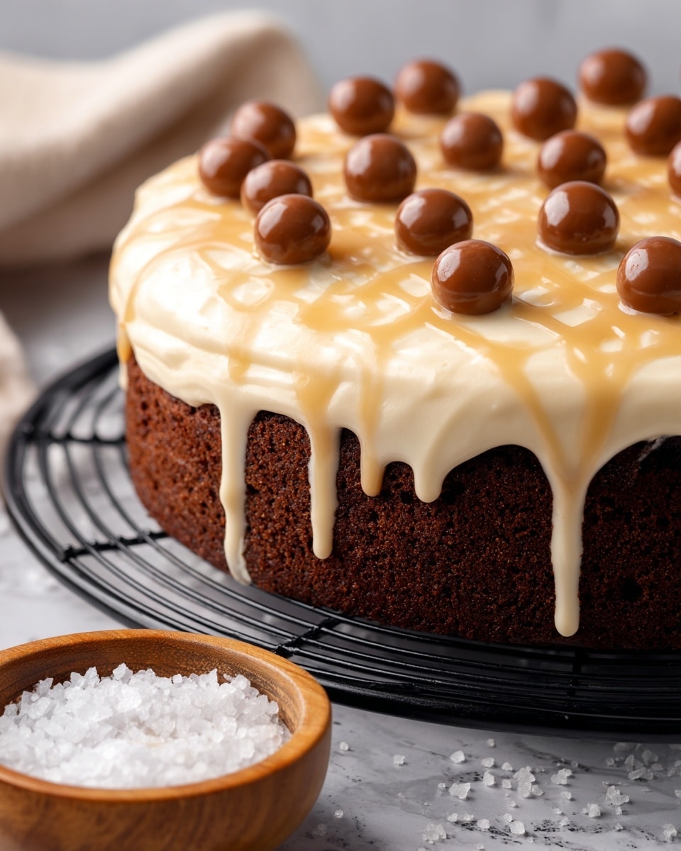 A close-up of a thick, rectangular dark chocolate cake placed on a black cooling rack over a white marbled texture surface, showing three main layers: the bottom dense and moist dark brown cake layer, the middle smooth and light-colored creamy frosting spread evenly, and the top layer covered in caramel-colored sauce dripping down the sides. Scattered across the surface are small round milk chocolate balls adding texture and contrast, with a small wooden bowl filled with coarse white flakes visible blurred in the foreground. Photo taken with an iphone --ar 4:5 --v 7