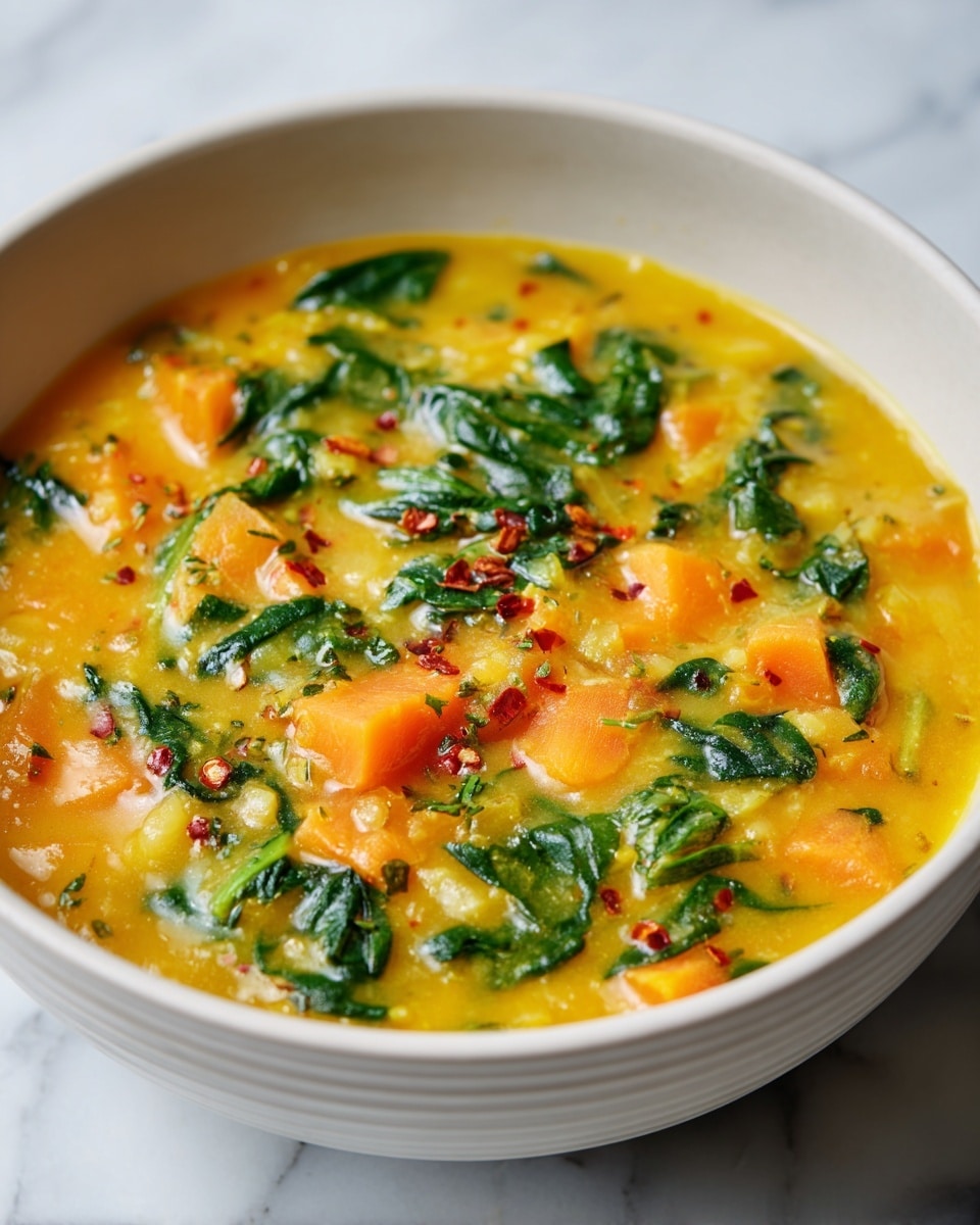 This image shows a close-up of a thick soup in a white bowl with a grey rim, sitting on a white marbled surface. The soup has an orange-yellow broth filled with visible pieces of vegetables including round orange carrot slices and pale yellow potato chunks. There are dark green spinach leaves and sprinkled small bits of herbs and spices visible in the soup, giving it a fresh, textured look. The broth appears slightly oily with tiny glistening drops on the top. Photo taken with an iphone --ar 4:5 --v 7