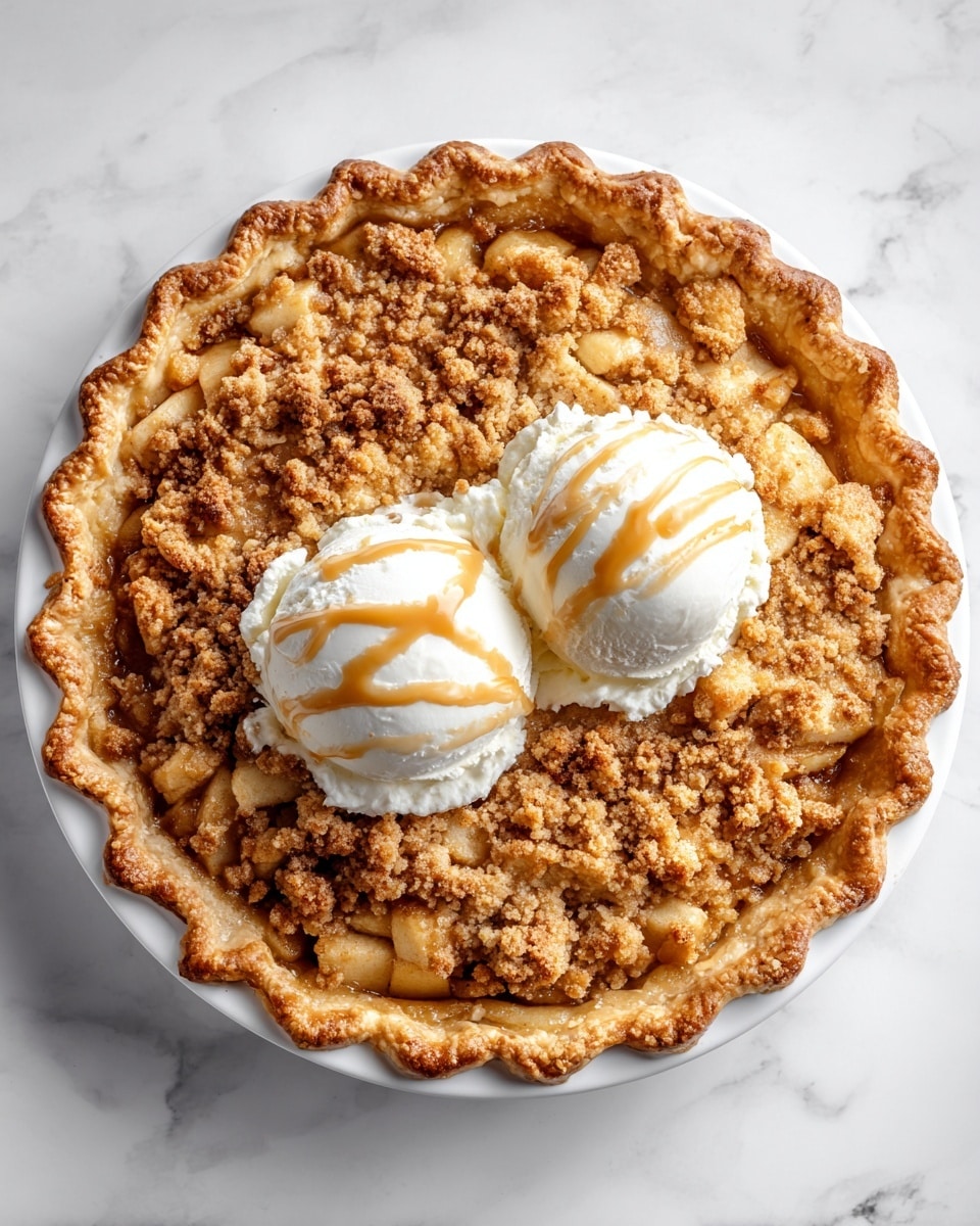A round pie with a golden-brown, crimped crust is placed on a white plate, set on a white marbled texture. The top layer is a crumbly, textured streusel with small pieces of light brown and tan, evenly covering the entire pie. Two scoops of creamy white ice cream sit in the center of the pie, each topped with smooth caramel sauce drizzled in flowing lines. The overall color palette is warm with golden, brown, and creamy white tones. Photo taken with an iphone --ar 4:5 --v 7