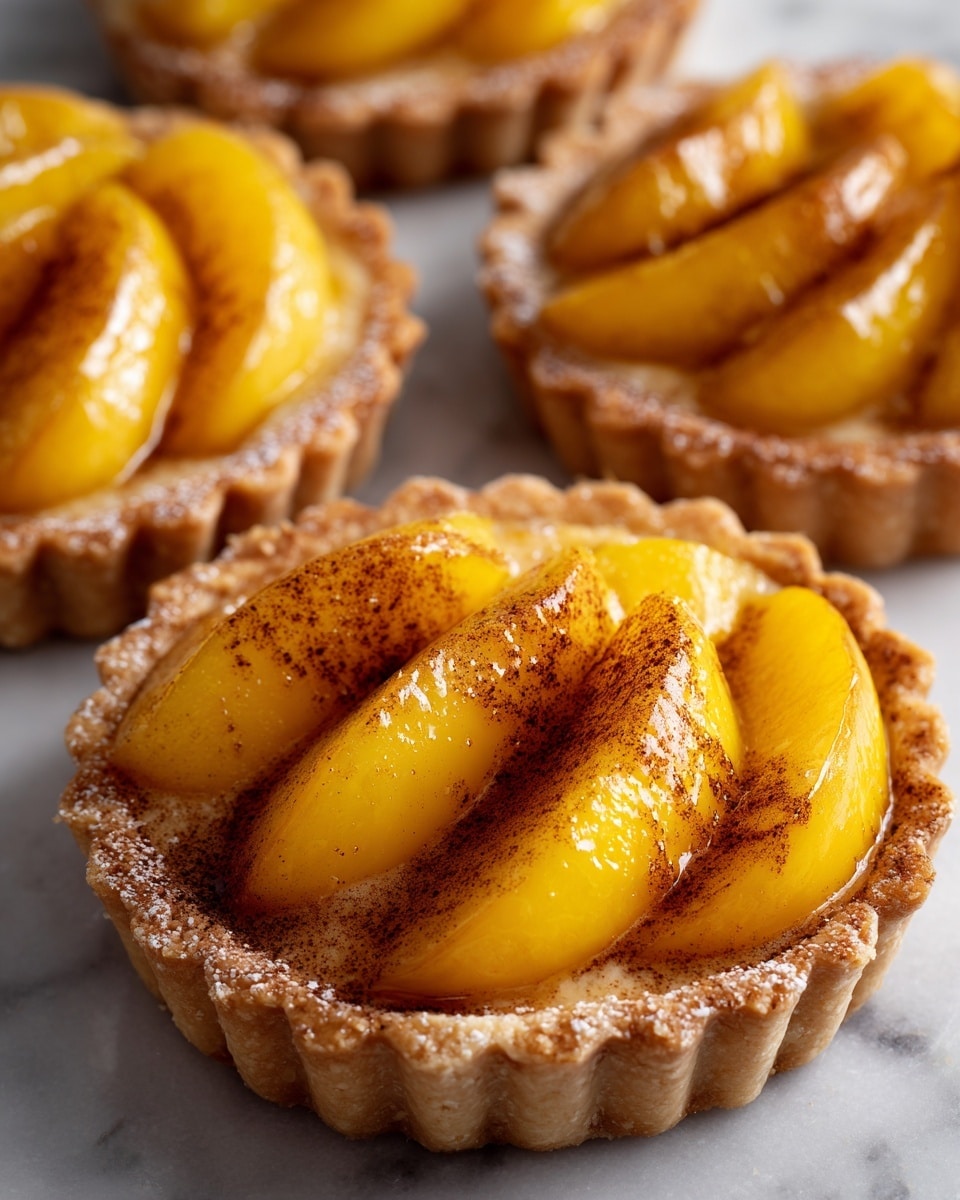 The image shows small, square pastries with a golden brown, flaky crust forming the base and edges. Each pastry is topped with four slightly curved peach slices arranged side by side in a neat row, their skin showing a soft reddish-orange hue, while the flesh is bright yellow-orange with a glossy texture. The peaches are lightly sprinkled with cinnamon, adding a fine, warm brown dusting. The puff pastry edges are puffed and crisp, with a slightly uneven texture that shows layers. The pastries are stacked on top of each other on a white plate, all set against a white marbled surface. The overall look is warm, inviting, and fresh. photo taken with an iphone --ar 4:5 --v 7