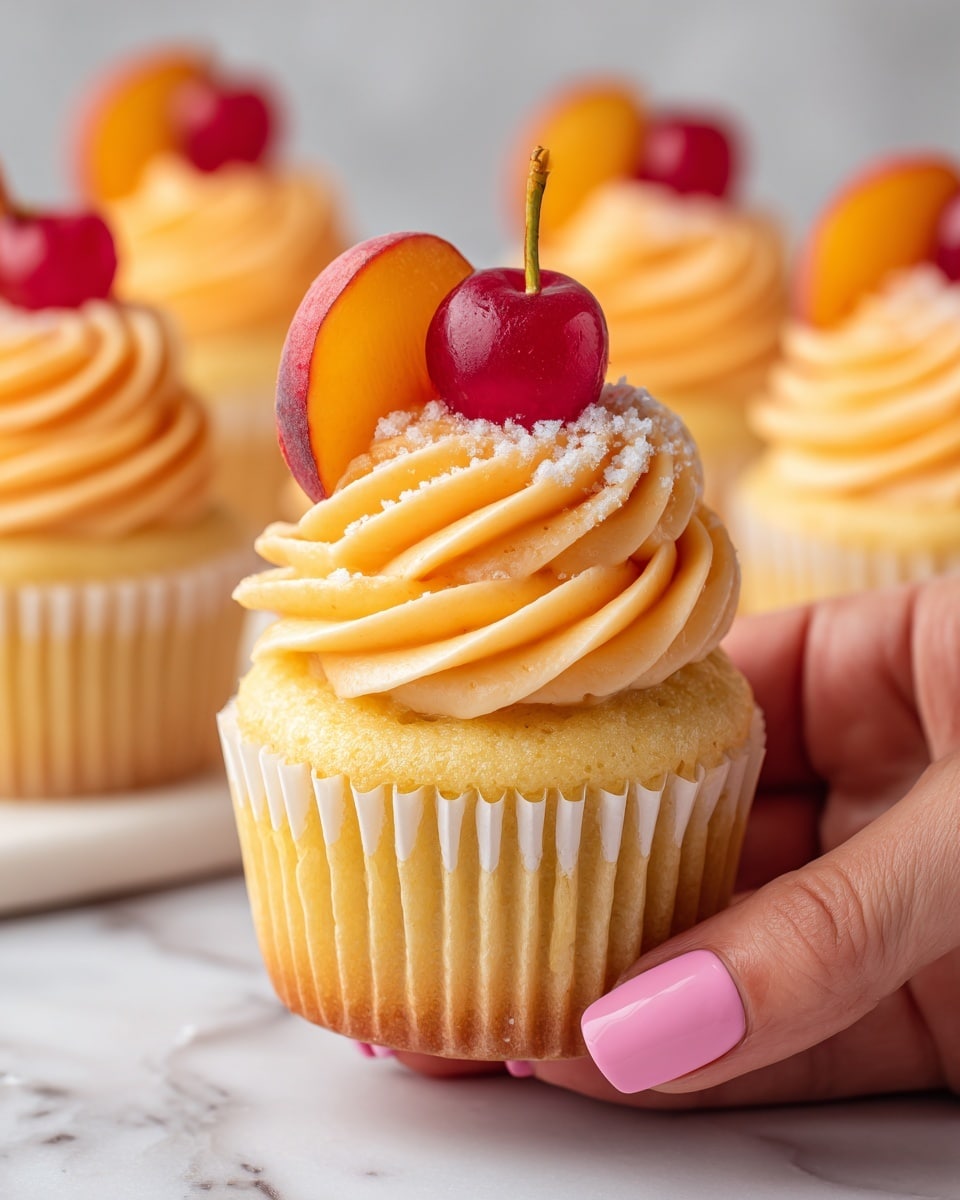 The image shows a close-up of several cupcakes arranged on a white marbled surface. Each cupcake has one soft yellow cake base topped with a swirl of light peach-colored frosting. On top of the frosting, there is a thin, round slice of orange fruit and a small red cherry, both slightly dusted with powdered sugar. A woman's hand is gently holding the central cupcake, adding a sense of scale and detail, with the cupcakes in the background softly blurred. photo taken with an iphone --ar 4:5 --v 7