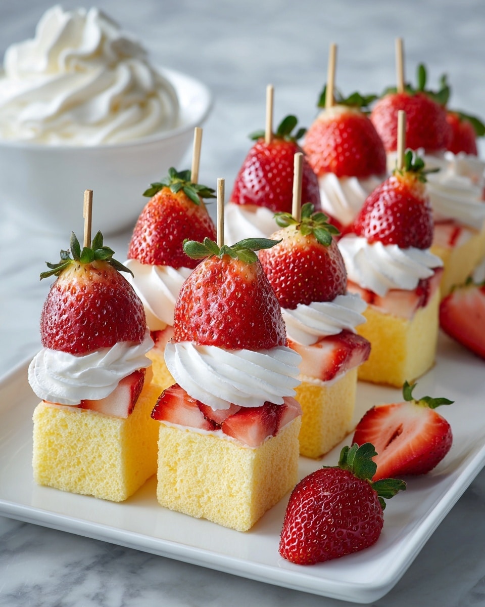The image shows several dessert skewers arranged neatly on a white rectangular plate placed on a white marbled surface. Each skewer has four layers: a whole red strawberry with its green leaves at the back, followed by a light yellow sponge cake cube, then a sliced fresh red strawberry, and topped with a swirl of white whipped cream, continuing with another sponge cake cube and another fresh strawberry slice, ending with a whole strawberry at the front. The texture of the sponge cake looks soft and airy, the strawberries are glossy and fresh, and the whipped cream has a smooth, fluffy appearance. A white bowl filled with extra whipped cream is blurred in the background. photo taken with an iphone --ar 4:5 --v 7