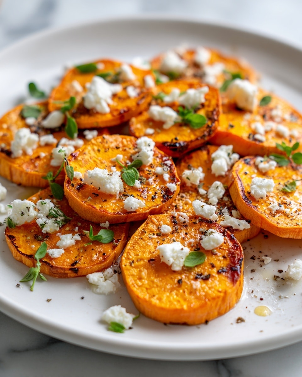 A white plate holds a single layer of round sweet potato slices, each grilled with light char marks showing dark lines and spots on the bright orange surface. On top of each slice are small bits of white cheese sprinkled unevenly, along with a light dusting of black pepper. Small green herb sprigs are scattered around and on the sweet potatoes, and a shiny glaze of oil covers parts of the plate and slices. The plate sits on a white marbled surface. photo taken with an iphone --ar 4:5 --v 7