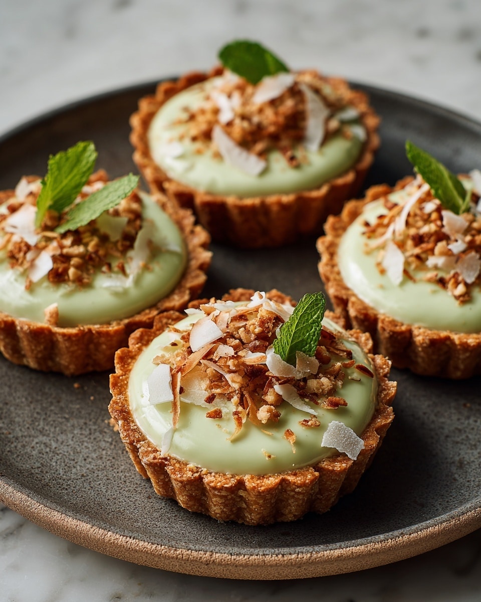 Four small tarts are arranged closely on a round white plate with a slightly raised edge. Each tart has a light golden brown crust that is fluted around the edges. Inside, a smooth, shiny green filling fills the crusts almost to the top, having a thick and glossy texture. On top of the green layer, there are scattered small pieces of chopped nuts and white coconut flakes. Each tart is also garnished with a small fresh green leaf placed in the center, giving a fresh look. The plate sits on a white marbled surface with soft natural light highlighting the shiny topping and the textures of the crust and garnishes. Photo taken with an iphone --ar 4:5 --v 7