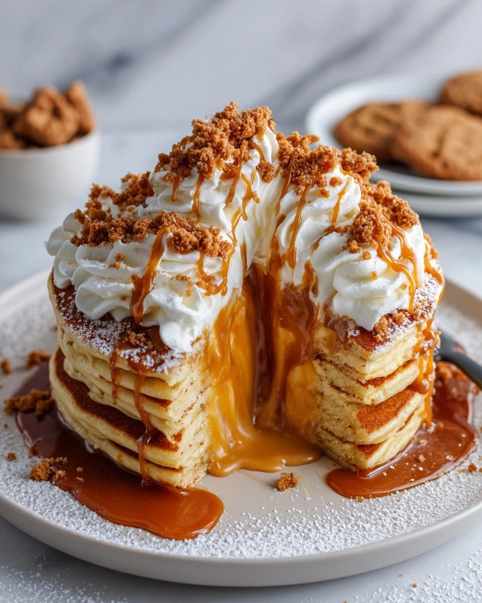 A stack of two thick, golden-brown pancakes sits on a white plate with powdered sugar lightly dusted on top and around the edges. The top pancake has a generous swirl of white whipped cream in the center, with caramel sauce dripping over it and down the sides. Crushed biscuit crumbs are sprinkled over the whipped cream and the pancakes. A large wedge is cut out of the stack, revealing a gooey caramel filling flowing out from inside. The plate rests on a white marbled surface with a blurred spoon and three biscuits in the background. Photo taken with an iphone --ar 4:5 --v 7