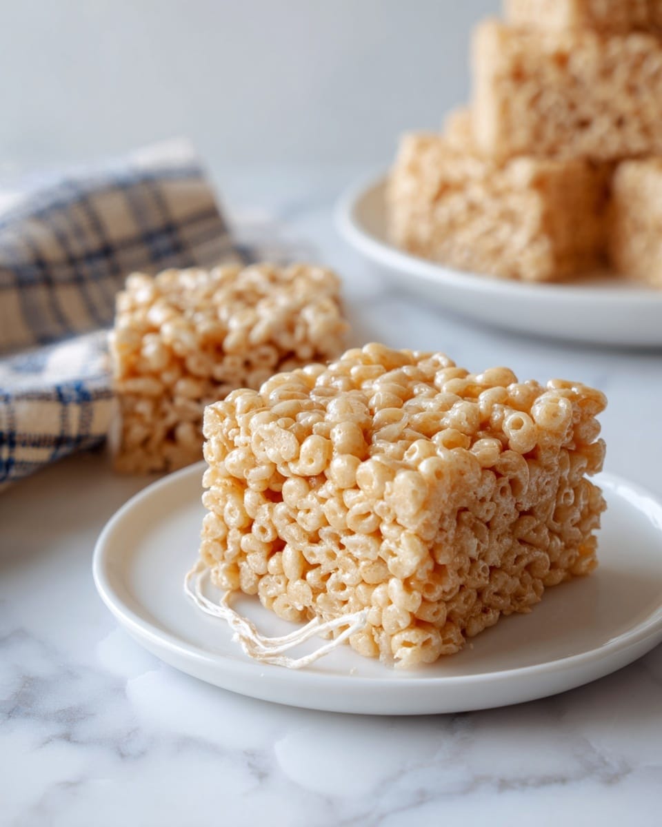 The image shows close-up views of two rice crispy treats on a white marbled surface. Each treat is a single layer of light golden puffed rice cereal mixed with melted marshmallow, creating a sticky and slightly shiny texture. One treat sits flat while the other is slightly lifted, revealing soft, gooey marshmallow strings stretching out. In the background, there is a white plate holding additional rice crispy treats that appear soft and chewy, all set on the white marbled texture. A folded blue and white napkin is partially seen on the lower left corner. photo taken with an iphone --ar 4:5 --v 7