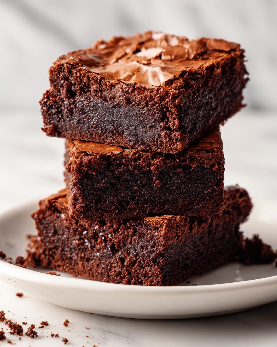 A close-up image of three square chocolate brownies stacked on top of each other on a white plate, each brownie showing a dark, rich, and moist texture inside with a shiny, thin, cracked chocolate crust on top. The layers are thick and dense with crumbly edges, and a few small chocolate crumbs scattered around the plate. The background features a soft, blurry beige tone with a hint of a dark ceramic cup on the right side. Photo taken with an iphone --ar 4:5 --v 7