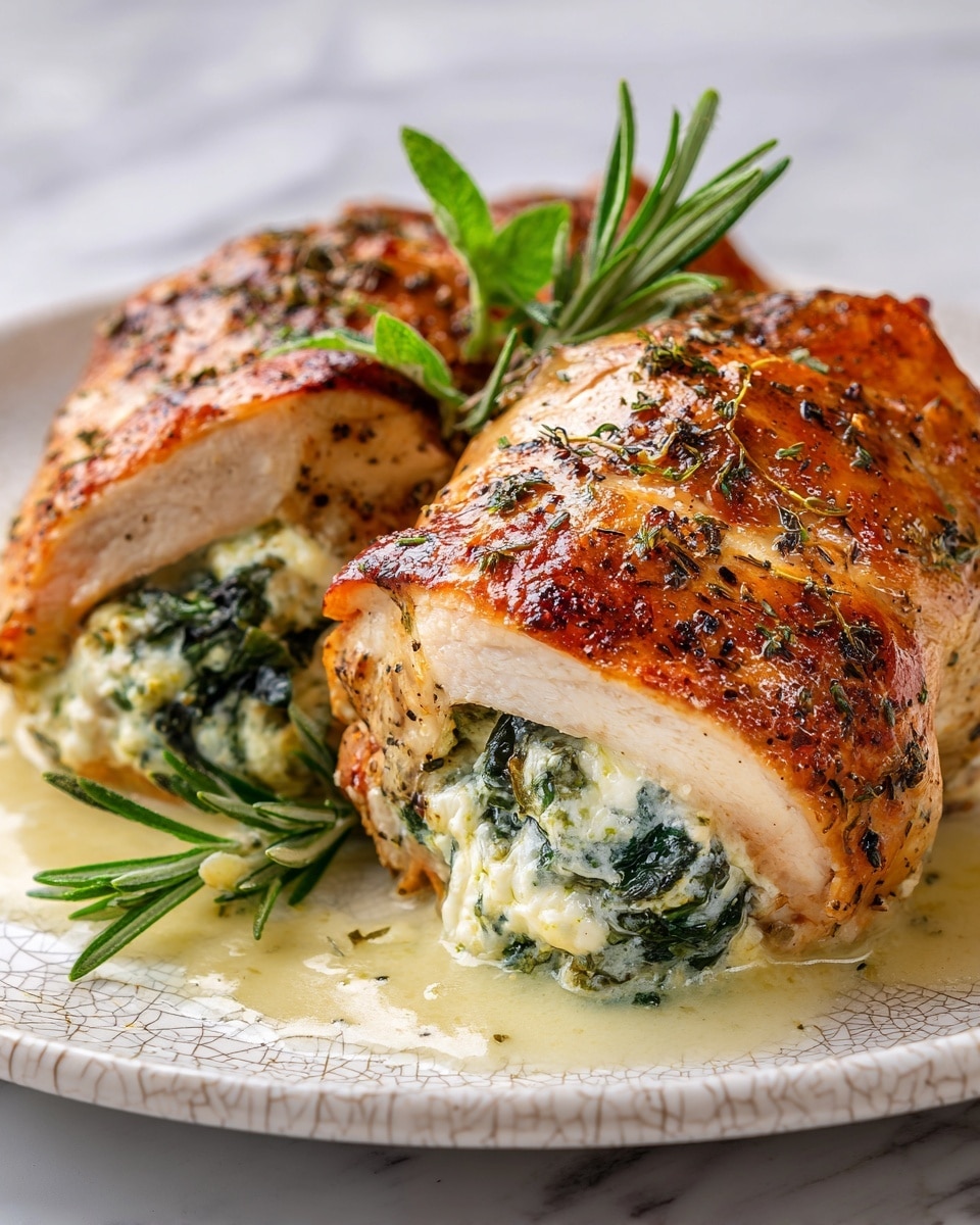 Two browned chicken rolls sit on a white plate with a crackled texture on a white marbled background. Each roll is golden brown with a slightly crispy, seasoned outer layer, speckled with black pepper and herbs. The rolls are tightly wrapped, showing a bit of creamy white ricotta cheese and dark green spinach peeking out from the ends. Light brown sauce pools under the rolls, adding gloss and moisture. Fresh green basil and rosemary leaves decorate the plate next to the rolls, enhancing the color contrast and freshness of the dish. Photo taken with an iphone --ar 4:5 --v 7