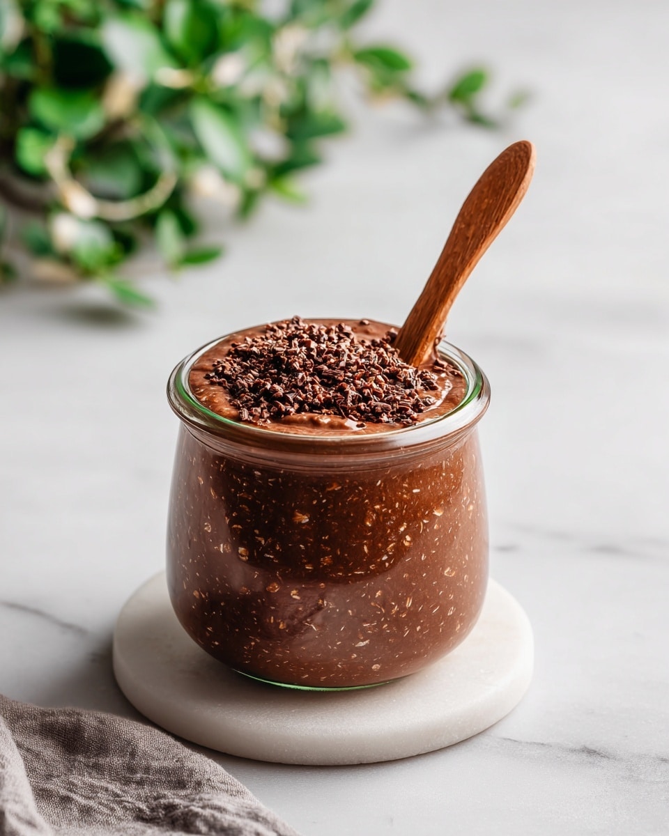 A clear glass jar is filled with a thick, dark brown mixture that has visible oat flakes and small chocolate chips throughout, showing a textured and chunky appearance. The jar is placed on a white marbled surface, with a light wooden spoon standing inside, slightly leaning against the jar's rim. The background is softly blurred with a hint of a green plant in a white pot on a wooden tray. The overall look is simple and cozy, highlighting the rich, chocolatey oat mixture. photo taken with an iphone --ar 4:5 --v 7