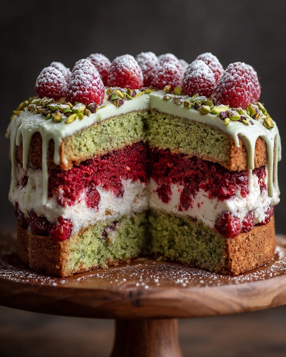 A sliced bundt cake on a wooden cake stand shows three main layers: the top and bottom layers are light green with a slightly crumbly texture, while the middle layer is a thick, bright red berry filling. The top of the cake is decorated with whole red raspberries dusted lightly with powdered sugar and small bits of green pistachio nuts. A light dusting of powdered sugar covers most of the top, and the edges have a soft cream-colored glaze dripping down slightly. The background is dark, making the cake colors stand out clearly. Photo taken with an iphone --ar 4:5 --v 7