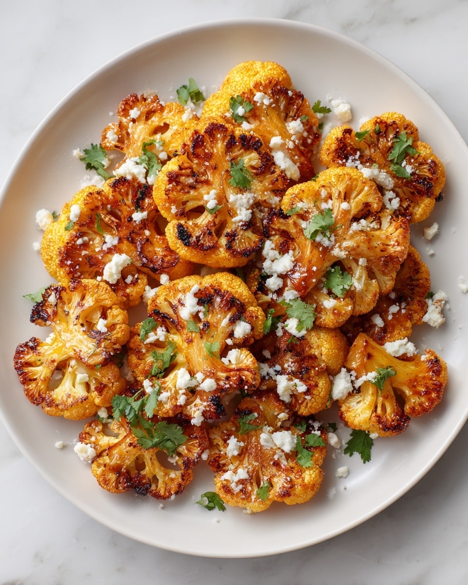 A white plate filled with two main layers: the bottom layer is made of roasted cauliflower florets with a golden brown, slightly charred texture, and the top layer has crumbled white cheese sprinkled evenly with small green cilantro leaves scattered around, all on a white marbled surface background. Photo taken with an iphone --ar 4:5 --v 7