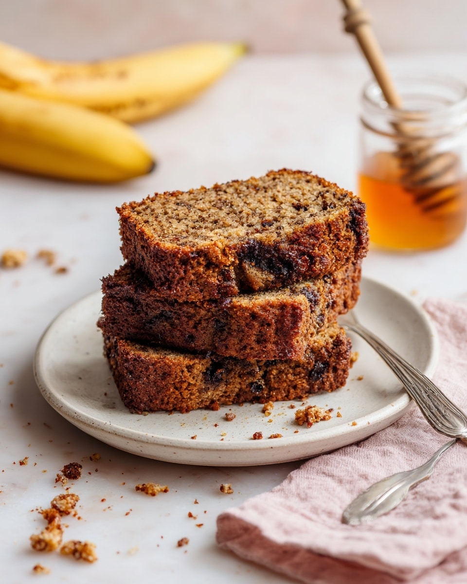 On a round white plate, there are three slices of banana bread stacked slightly overlapping each other. The bread has a rough texture with a golden brown crust and a moist inside speckled with darker bits, likely banana pieces or nuts. The slices show crumbly edges and a soft interior with small air pockets. Around the plate are small crumbs scattered lightly. Behind the plate, to the upper left, a partially visible spotted banana adds context, and to the upper right, a jar of honey with a honey dipper can be seen. A silver fork rests on a beige cloth near the bottom right corner on a white marbled surface. photo taken with an iphone --ar 4:5 --v 7