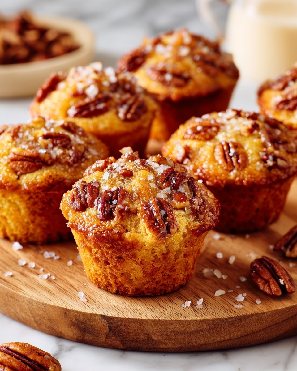 A close-up view of moist, golden brown muffins arranged on a wooden board, each topped with shiny, toasted pecan halves and a sprinkle of sugar crystals that add a slight sparkle. The muffins have a textured crust with visible bits of pecans inside and a slightly cracked surface, showing their soft, dense interior. A few whole pecans are scattered near the board, adding a natural touch. The background features a smooth, white marbled texture. photo taken with an iphone --ar 4:5 --v 7