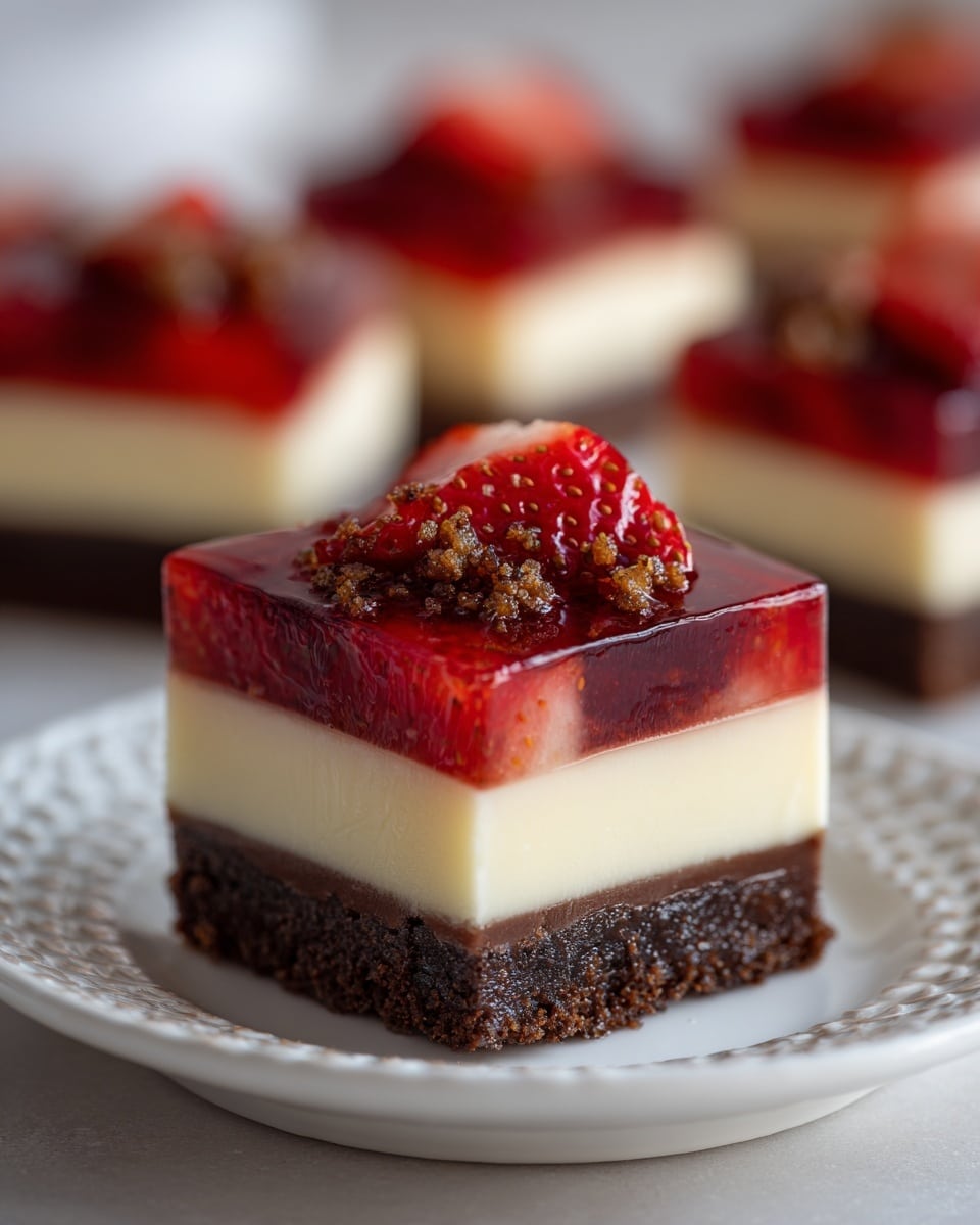 The image shows close-up square dessert pieces with three clear layers on a white plate with a simple leaf pattern. The bottom layer is a thick, dark chocolate base with a rich, crumbly texture. The middle layer is a creamy, smooth pale yellow filling. The top layer is a bright red jelly with slices of fresh strawberries embedded inside, and a crumbly sprinkle topping of light brown crumbs scattered unevenly. The shot is focused tightly on the dessert, with part of a woman's hand slightly touching one piece, all set against a white marbled surface. Photo taken with an iphone --ar 4:5 --v 7