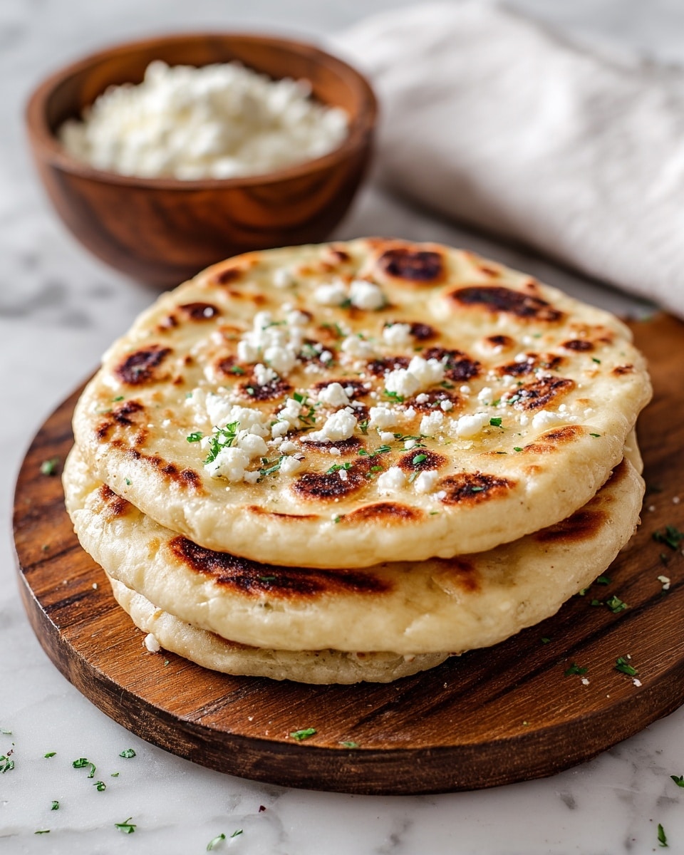 Two round flatbreads are stacked on a round wooden board, each with a golden color and browned spots from cooking. The flatbreads have small white crumbles of cheese spread across their surface and green herbs sprinkled on top, adding texture and contrast. The background shows a blurred wooden bowl with more white cheese crumbles inside, all set on a white marbled texture. photo taken with an iphone --ar 4:5 --v 7