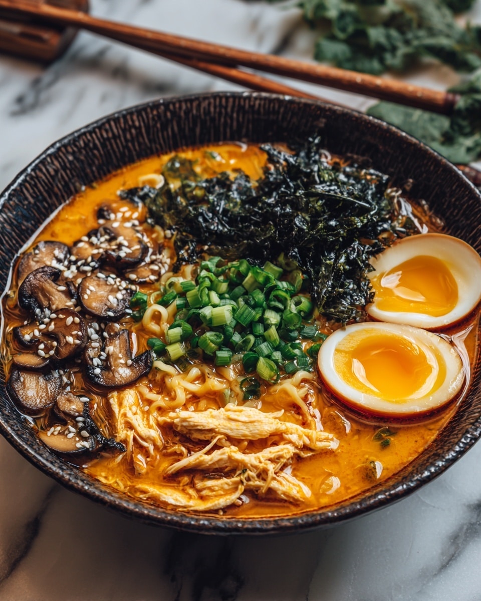 A bowl of spicy ramen noodles sits on a white marbled surface, with rich orange broth filling the bowl. The ramen noodles form the base layer, curly and soft, mostly submerged in the broth. On one side, slices of cooked mushrooms topped with sesame seeds create a textured, brown layer. Next to the mushrooms, shredded cooked meat is scattered with sesame seeds, adding a light brown layer. In the center, a mound of thinly sliced green onions and black seaweed strips adds a fresh, green and dark contrast. On the right side, a halved soft-boiled egg with bright orange yolks and white edges rests on the noodles. The bowl is white and round, and chopsticks rest nearby on the white marbled surface. photo taken with an iphone --ar 4:5 --v 7