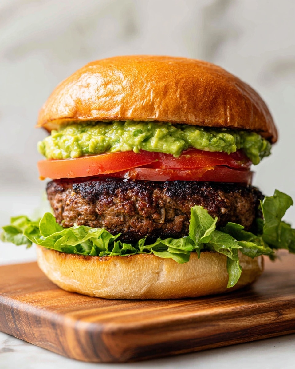 A close-up of a burger shows five main layers: a shiny, golden-brown toasted bun on top, followed by bright green curly lettuce, a thick red slice of tomato, a smooth layer of green guacamole spread, and a juicy grilled beef patty with visible grill marks and a glossy surface, all resting on the bottom half of a golden toasted bun. The burger is placed on a wooden board set against a white marbled texture background. photo taken with an iphone --ar 4:5 --v 7