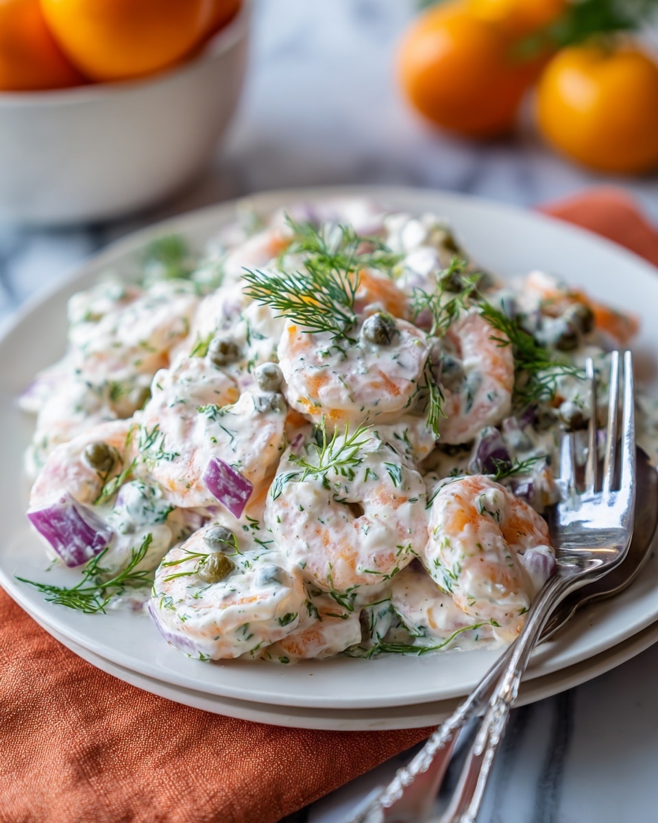 A close-up of a creamy shrimp salad served on a white plate with light yellow edges, placed on a white marbled surface. The salad is made of large cooked shrimp coated in a thick white dressing with visible green herbs, small diced red onions, and capers on top. Fresh dill sprigs are scattered throughout the salad adding a green freshness. A silver fork lifts one shrimp from the plate, showing the creamy texture and garnishes clearly. In the background, blurred oranges add a warm splash of color. Photo taken with an iphone --ar 4:5 --v 7