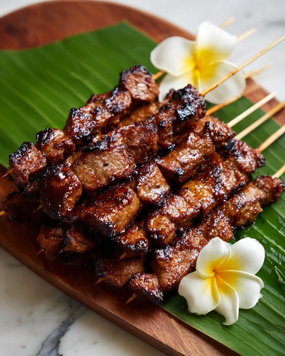 A close-up of several grilled meat skewers stacked on top of each other, showing three visible wooden sticks holding uneven pieces of glossy, well-cooked brown meat with a slightly crispy texture. The skewers rest on a large dark green banana leaf, and there are two small white flowers with yellow centers placed near the top right corner. The background is a white marbled texture. photo taken with an iphone --ar 4:5 --v 7