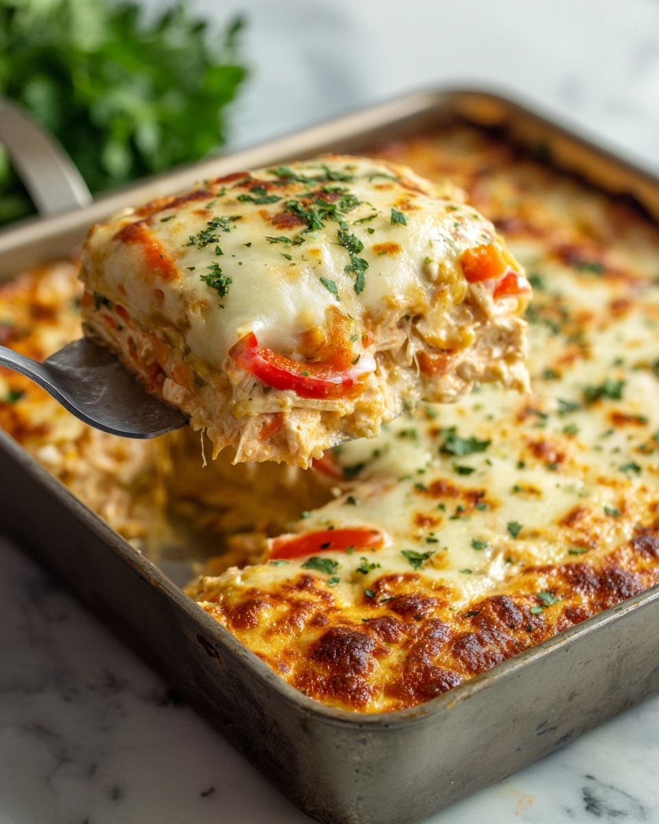 A close-up view of a silver metal baking tray filled with a baked casserole. The top layer is golden brown melted cheese with spots of light browning and chopped green herbs scattered over it. Underneath, visible as a scoop is lifted, there are shredded pieces of cooked chicken mixed with sliced red bell peppers and chunks of green vegetables. The texture of the casserole layers looks moist and cheesy, with the chicken and vegetable mix showing a mix of light brown and red colors. The background is a white marbled surface. Photo taken with an iphone --ar 4:5 --v 7