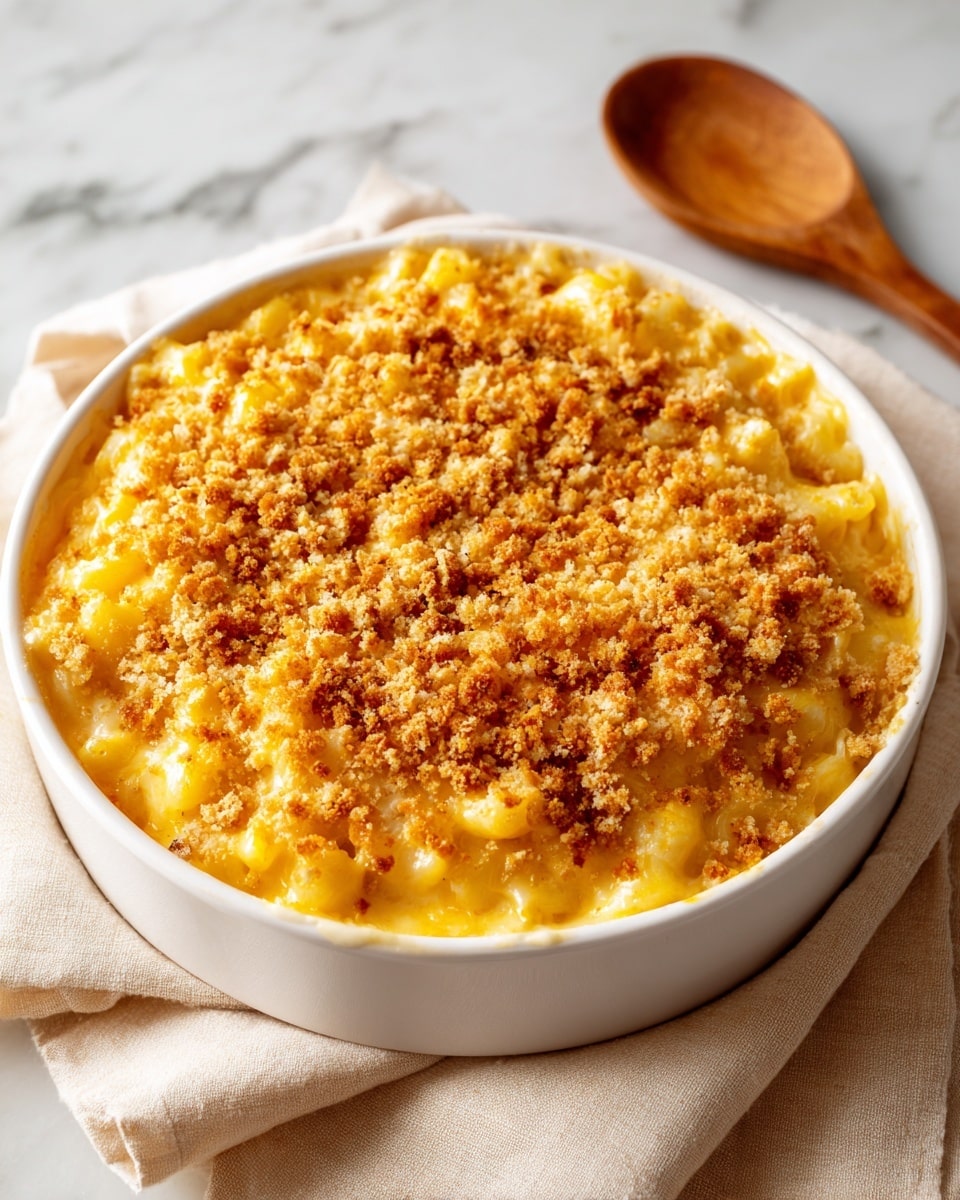 A white round dish filled with baked macaroni and cheese topped with a thick, golden brown crumb crust. The top layer is crisp and crunchy with small chunky crumbs evenly spread over melted, creamy yellow cheese beneath. The dish sits on a soft, beige cloth on a white marbled surface, with a wooden spoon partially visible in the background. photo taken with an iphone --ar 4:5 --v 7