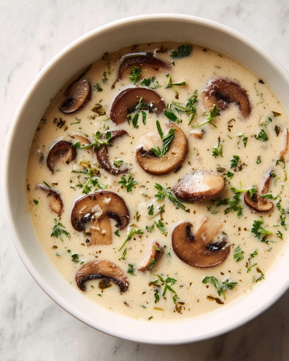The image shows a bowl of creamy mushroom soup in a white bowl on a white marbled surface. The soup is smooth and light beige in color, with many slices of cooked brown mushrooms floating on top. Small green herb pieces, likely parsley, are sprinkled all over the surface of the soup, adding a fresh touch. The bowl is deep, showing a thick texture of the soup inside. photo taken with an iphone --ar 4:5 --v 7
