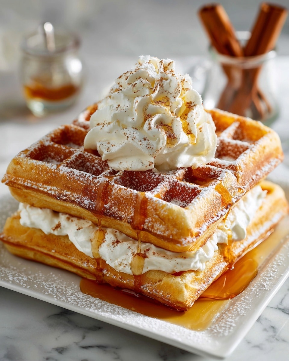 Two thick, golden brown waffles are stacked on a white square plate over a white marbled surface. Between the waffles is a layer of white whipped cream peeking through. The top waffle is heavily dusted with powdered sugar and drizzled with glossy amber syrup that flows over the edges. On top, there is a generous swirl of fluffy white whipped cream sprinkled with a light dusting of cinnamon or cocoa powder. The background is softly blurred, showing a small glass with cinnamon sticks and muted kitchen items. Photo taken with an iphone --ar 4:5 --v 7