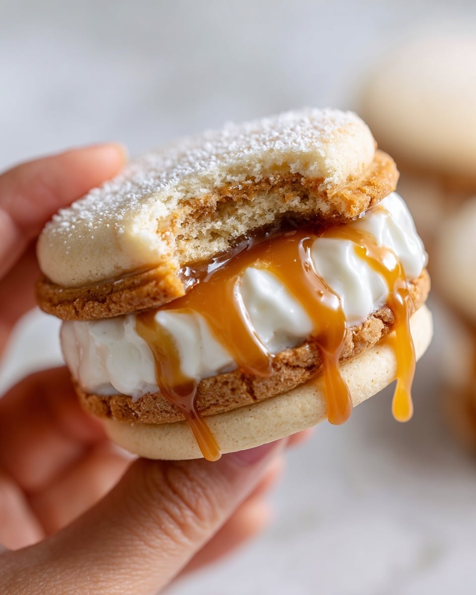 A close-up of a cookie sandwich held by a woman's hand, showing two soft, light golden cookies with a thick layer of creamy white filling in between, and a drizzle of rich caramel sauce flowing slightly out from the filling. The top cookie is bitten into, revealing a gooey, light cream inside with some cookie crumbs. The background has a white marbled texture. Photo taken with an iphone --ar 4:5 --v 7