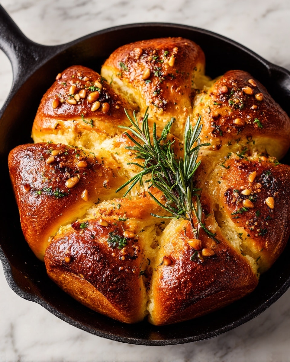 A round, golden-brown bread with a shiny crust sits in a black cast iron pan on a white marbled surface. The bread is shaped like six rounded petals forming a flower, with each petal showing a soft, lightly browned inside edge. The top is sprinkled with pine nuts and small pieces of garlic, with a small sprig of fresh rosemary placed in the center. The texture of the crust looks crisp, while the inside appears soft and fluffy. photo taken with an iphone --ar 4:5 --v 7