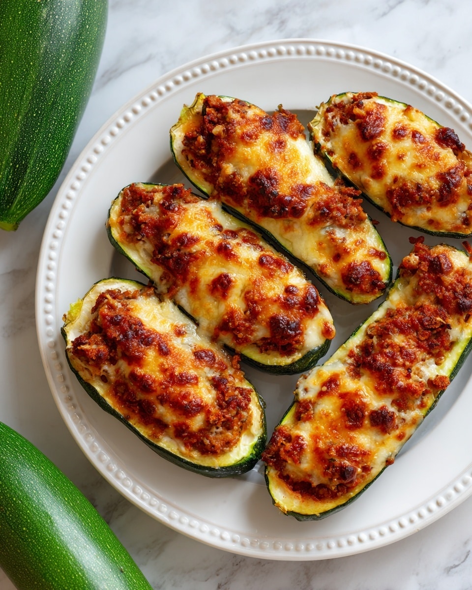 The image shows four zucchini boats, each sliced lengthwise with the green outer skin on the outside and hollowed with a smooth pale yellow interior. Inside each boat, there is a layer of chunky red tomato sauce mixed with green zucchini pieces and small white bits of cheese. On top of the sauce, a golden-brown melted cheese layer with some spots of dark browning covers the filling. The boats are arranged on a white plate with a textured rim, set on a white marbled surface with a blue patterned cloth and two whole zucchinis in the background. photo taken with an iphone --ar 4:5 --v 7
