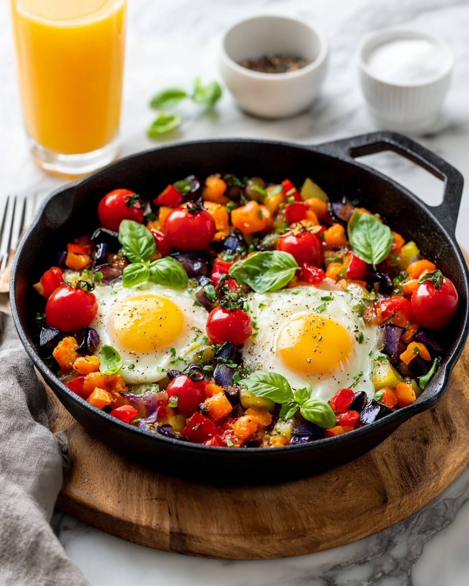 A black skillet on a white marbled surface holds a colorful cooked dish consisting of a base layer of sautéed chopped vegetables including orange peppers and purple eggplant pieces with a glossy texture, scattered whole red cherry tomatoes around the edges. On top, two sunny-side-up eggs sit in the center with bright yellow yolks and white edges slightly crisped, garnished with fresh green basil leaves both whole and chopped. The scene includes a small white bowl of black peppercorns and fresh herbs on the side, with bright natural lighting highlighting the vibrant colors and textures. Photo taken with an iphone --ar 4:5 --v 7