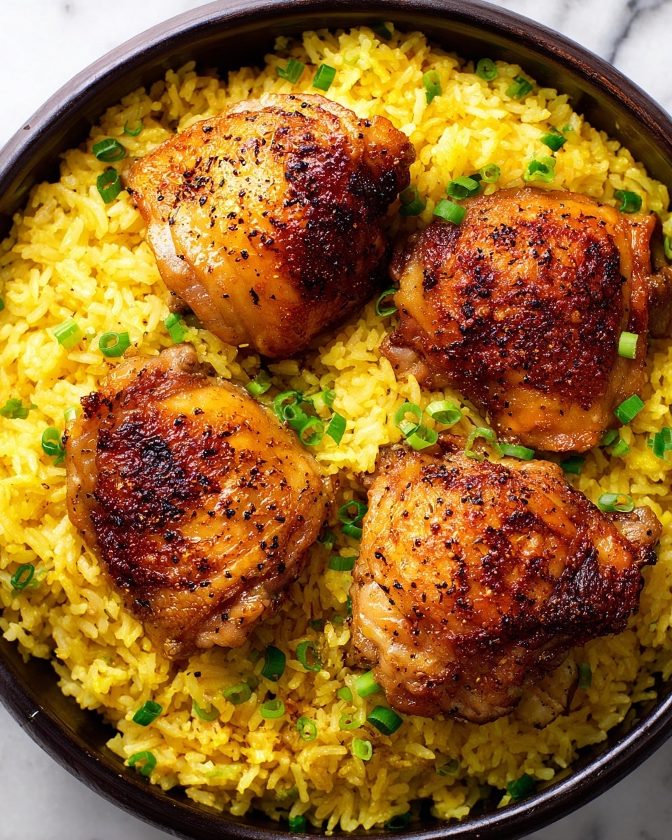 A close-up view of a black pan filled with cooked yellow rice as the base layer that is fluffy and bright with small green chopped herbs sprinkled evenly throughout. Four pieces of browned, crispy chicken thighs with a textured golden-brown skin sit on top of the rice, spaced apart in a circle. The colors range from the warm yellow of the rice to the deep caramel and slightly charred tones of the chicken skin, creating a rich contrast. The surface under the pan shows a white marbled texture. Photo taken with an iphone --ar 4:5 --v 7