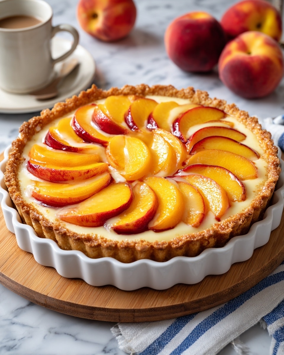 A freshly baked peach tart sits in a white fluted pie dish, placed on a wooden board with a folded white and blue striped cloth nearby. The tart has a golden brown crust with a slightly uneven, rustic edge. Inside, there are two visible layers: the bottom layer is smooth and creamy with a light yellow tone, and the top layer is made of neatly arranged peach slices that are orange-yellow with reddish edges, glistening slightly as if brushed with syrup. The background shows a white marbled surface blurred softly, giving a clean, bright atmosphere. Photo taken with an iphone --ar 4:5 --v 7