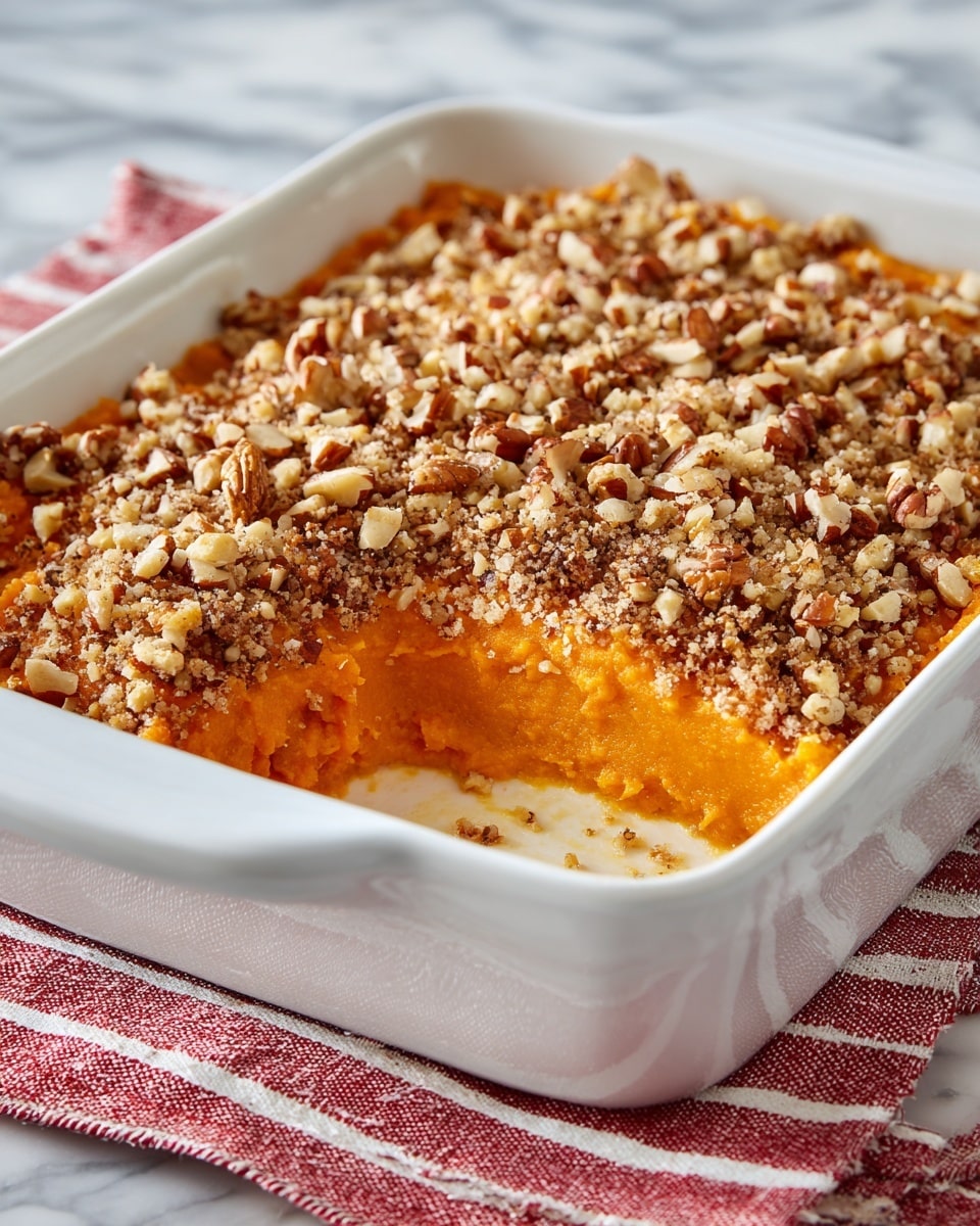 A white rectangular baking dish holds a two-layer baked dessert with the bottom layer thick and smooth in a bright orange color, topped with a crumbly, golden-brown streusel layer that looks crispy and uneven, with small chunks and a rough texture. The dish is set on a red and white striped cloth, and the background is a white marbled surface, giving a clean and simple look. The orange base looks moist, contrasting nicely with the crunchy topping photo taken with an iphone --ar 4:5 --v 7